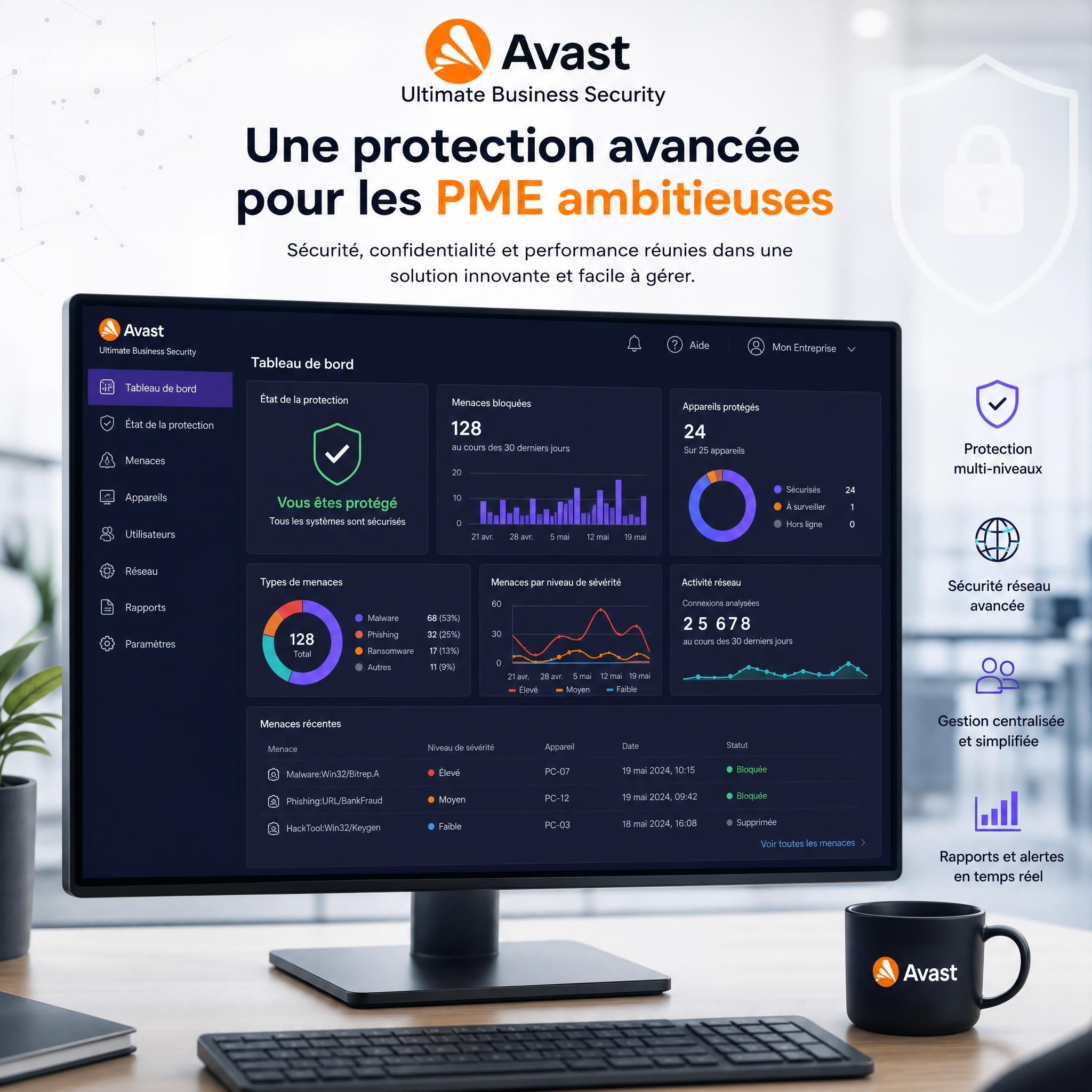 Tableau de bord de cybersécurité avec graphiques de menaces, représentant l'innovation en matière de protection des PME avec Avast Ultimate Business Security