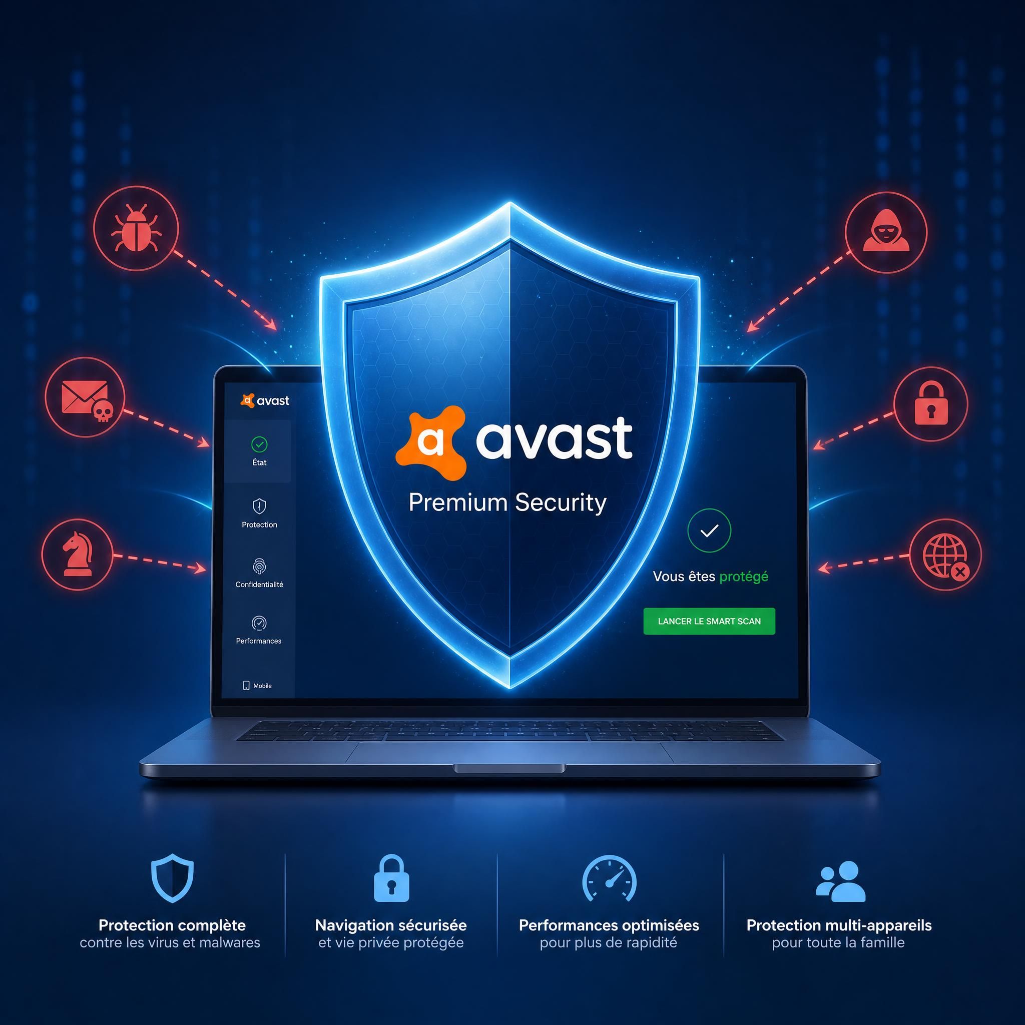 Illustration d'un bouclier numérique protégeant un ordinateur contre des cyberattaques, symbolisant la sécurité offerte par Avast Premium Security