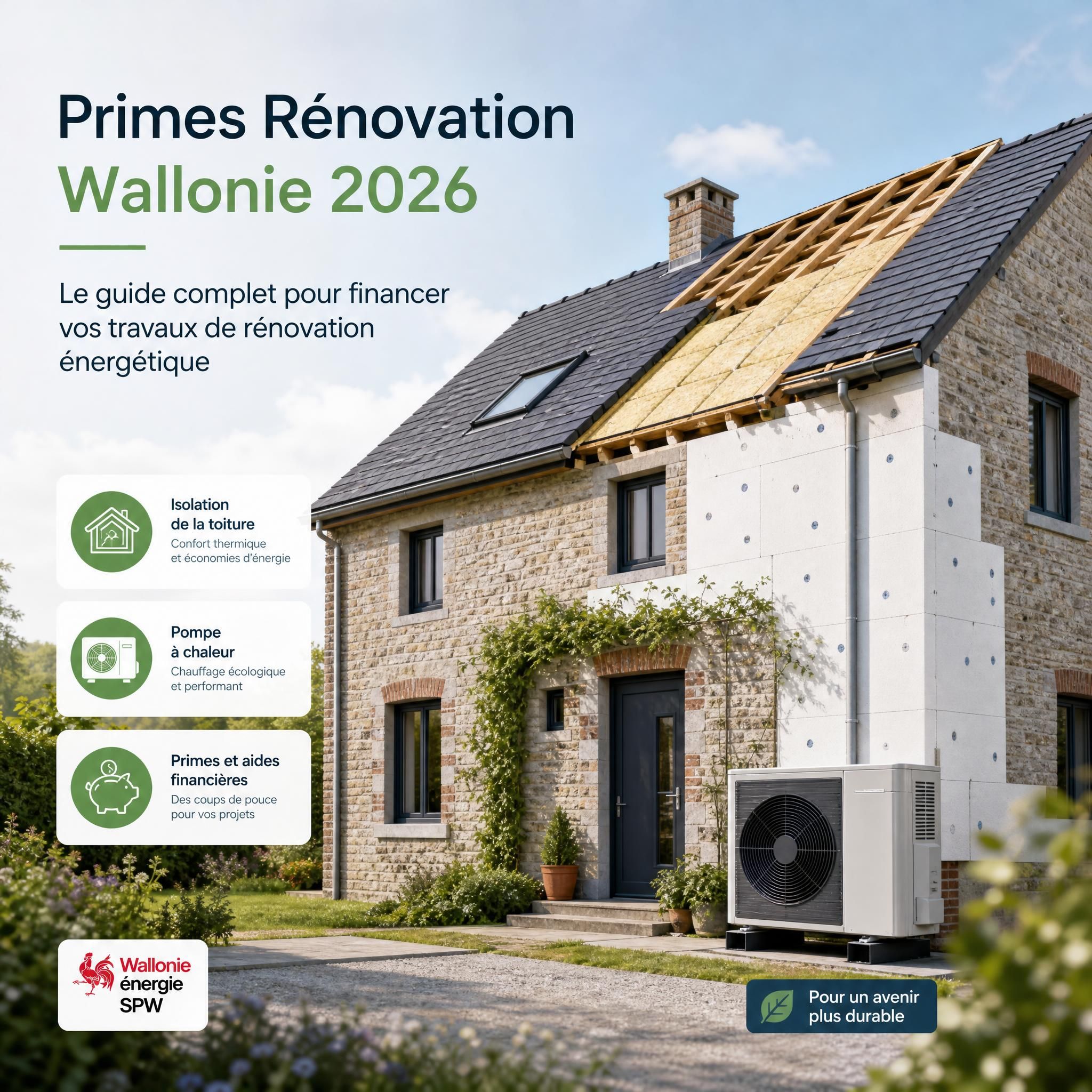 Maison wallonne en cours de rénovation énergétique avec isolation toiture et pompe à chaleur, illustration guide primes rénovation Wallonie 2026