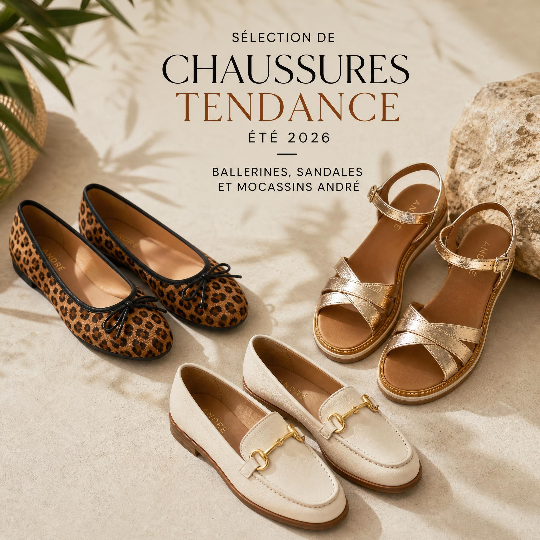 Sélection de chaussures tendance été 2026 — ballerines, sandales et mocassins André posés sur fond naturel