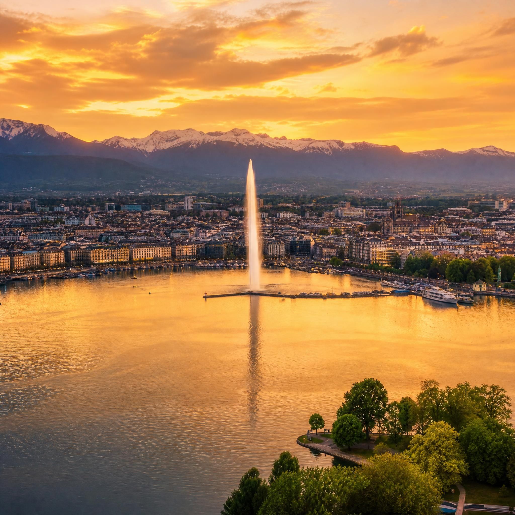 Vue panoramique de Genève avec le lac Léman et le jet d'eau en arrière-plan, symbole du marché immobilier genevois parmi les plus tendus de Suisse
