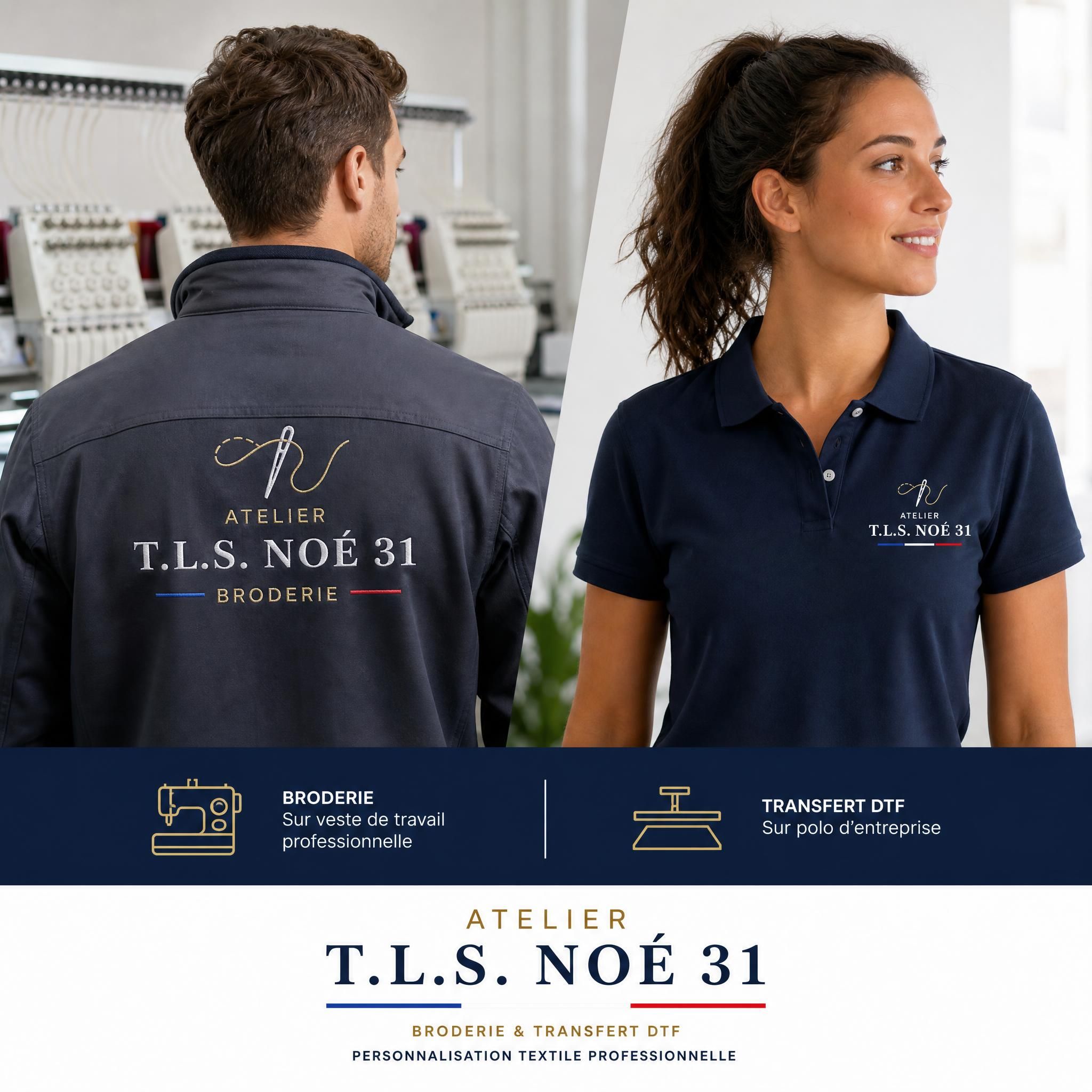 Atelier T.L.S. Noé 31 - broderie sur veste de travail professionnelle et transfert DTF sur polo d'entreprise