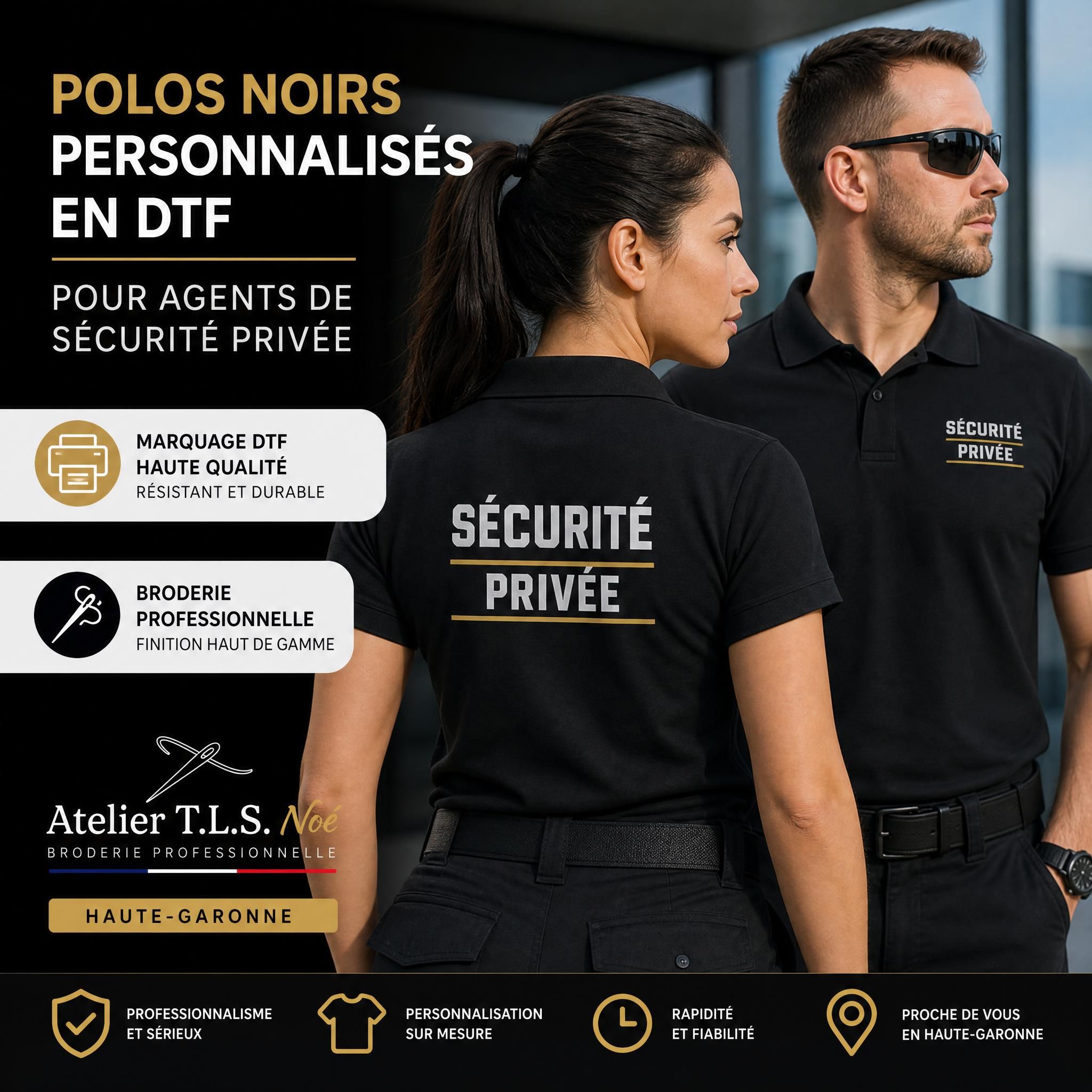 Polos noirs personnalisés en DTF pour agents de sécurité privée, broderie professionnelle Atelier T.L.S. Noé Haute-Garonne