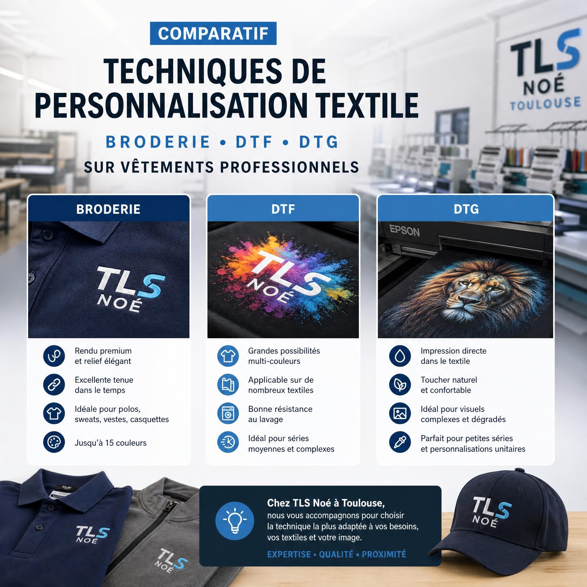 Comparatif techniques de personnalisation textile broderie DTF DTG sur vêtements professionnels atelier TLS Noé Toulouse
