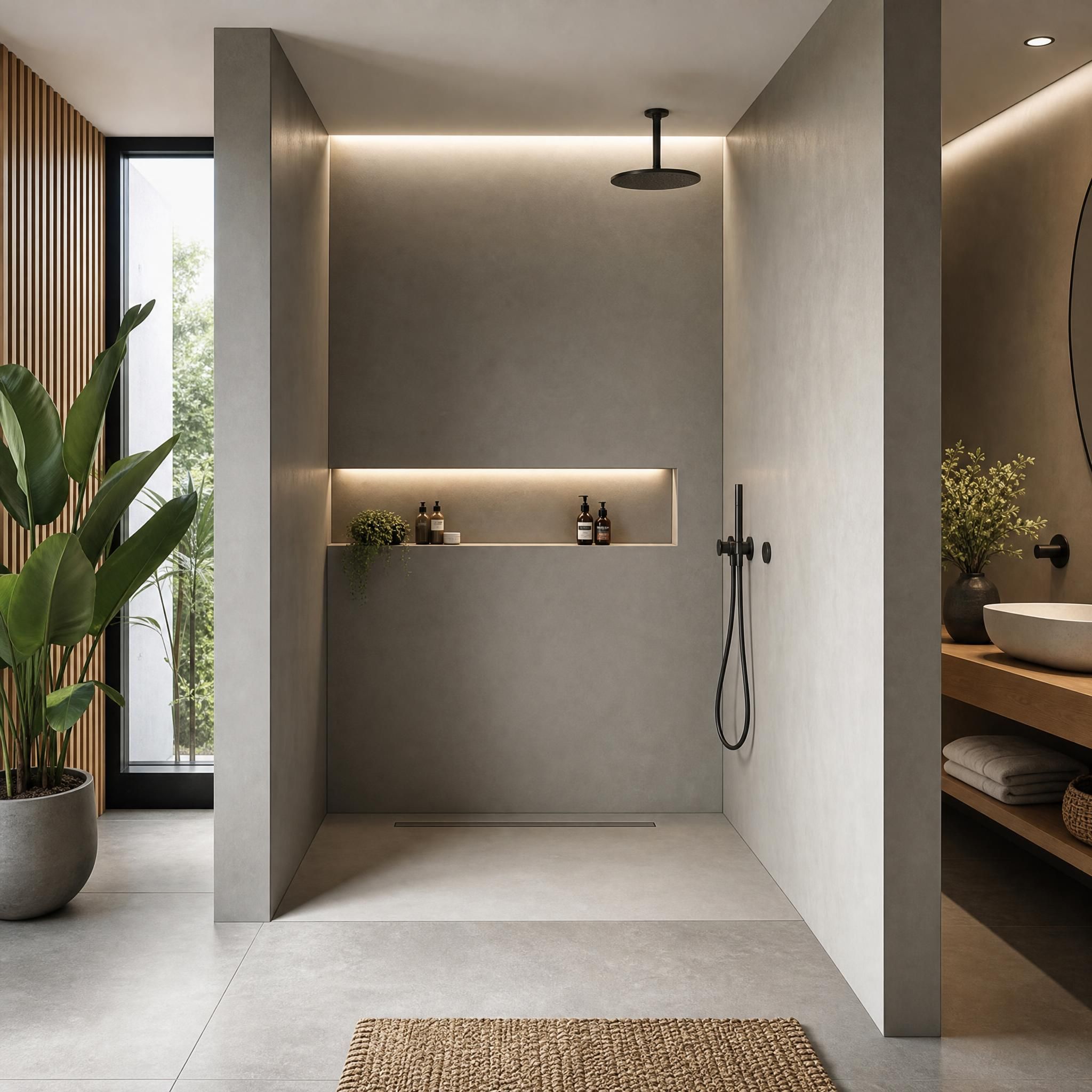 Espace douche à l'italienne en solid surface gris minéral avec niche intégrée et parois continues sans joint, ambiance spa contemporaine