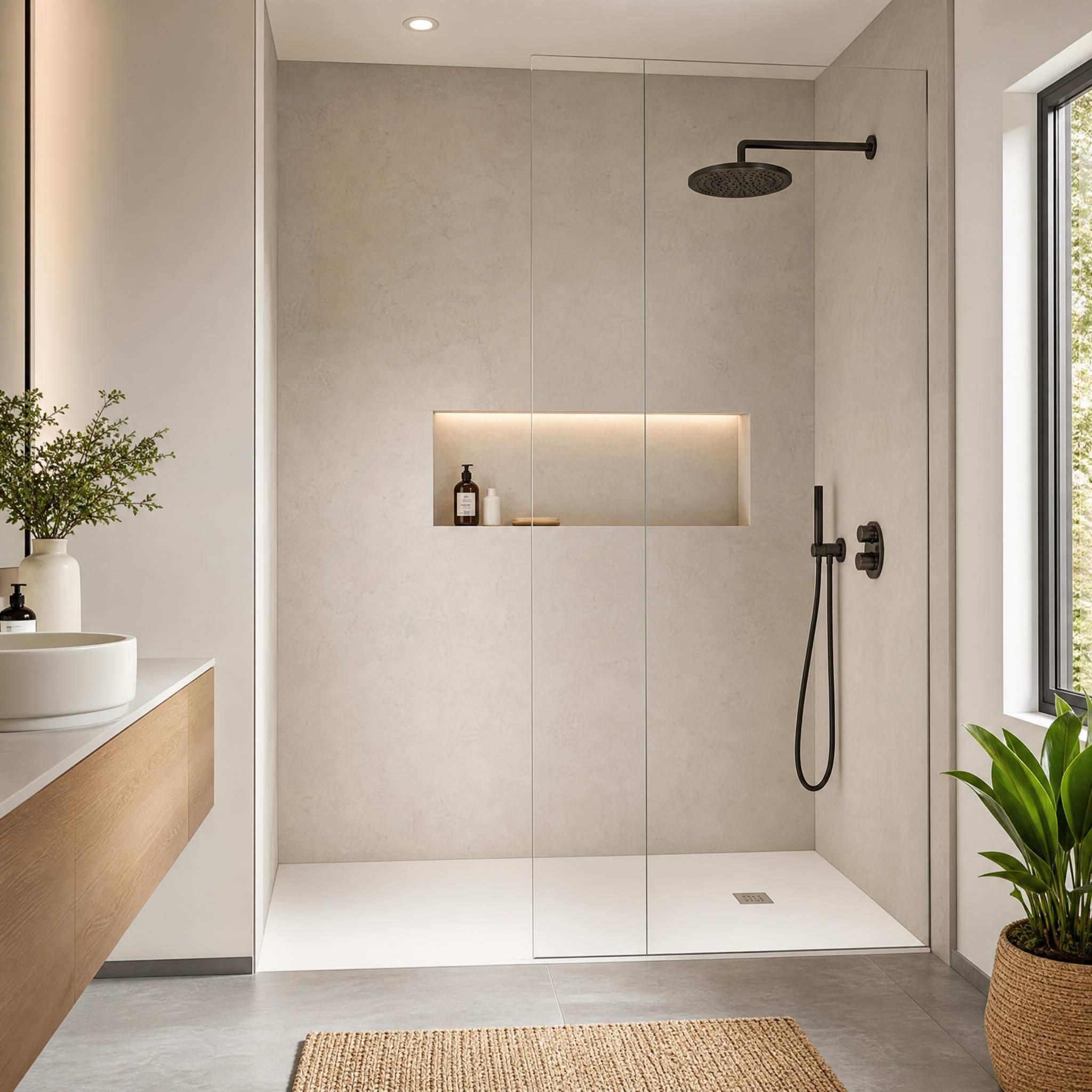 Espace douche à l'italienne avec receveur sur mesure en solid surface blanc mat et paroi vitrée épurée