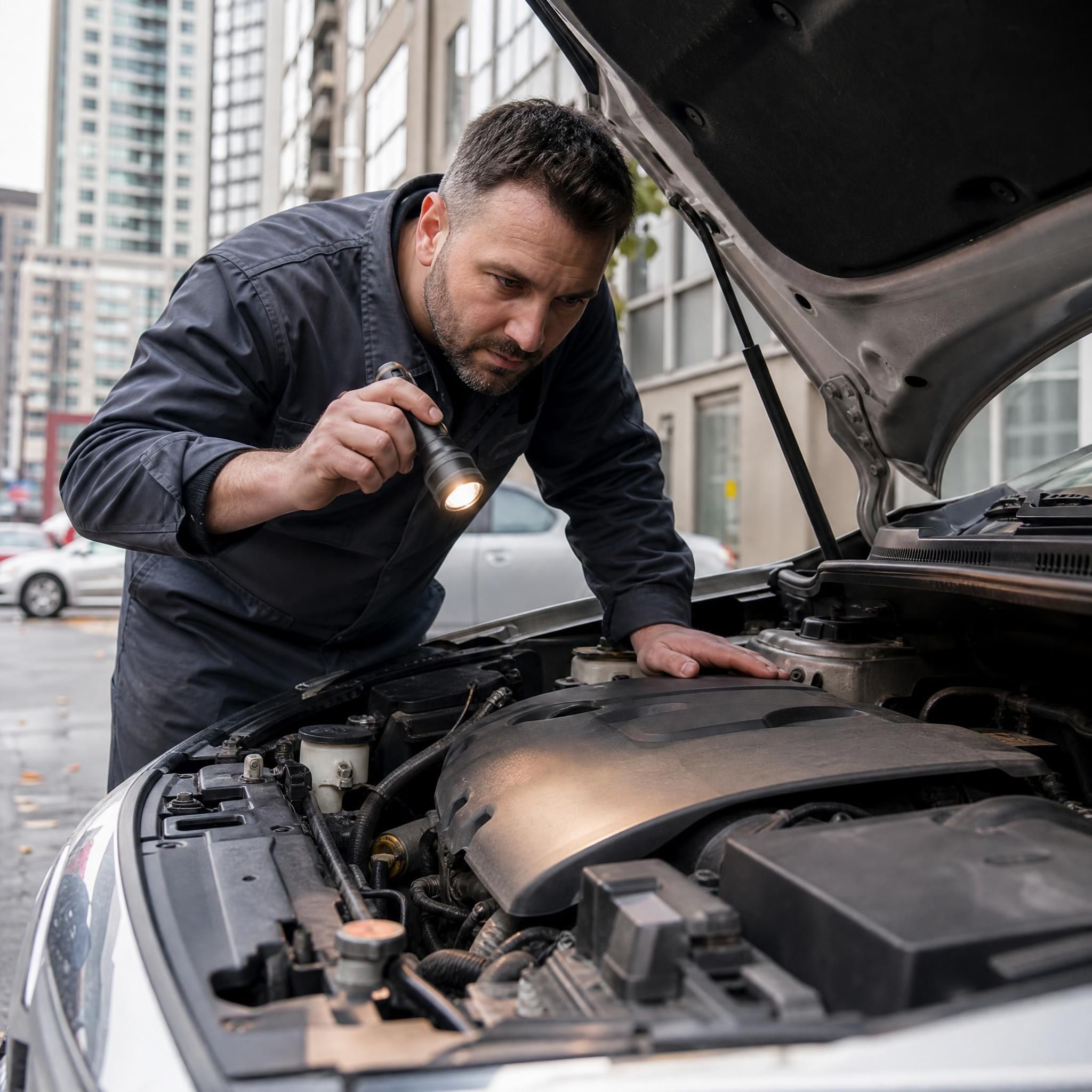 Professional mechanical inspector examining the engine compartment of