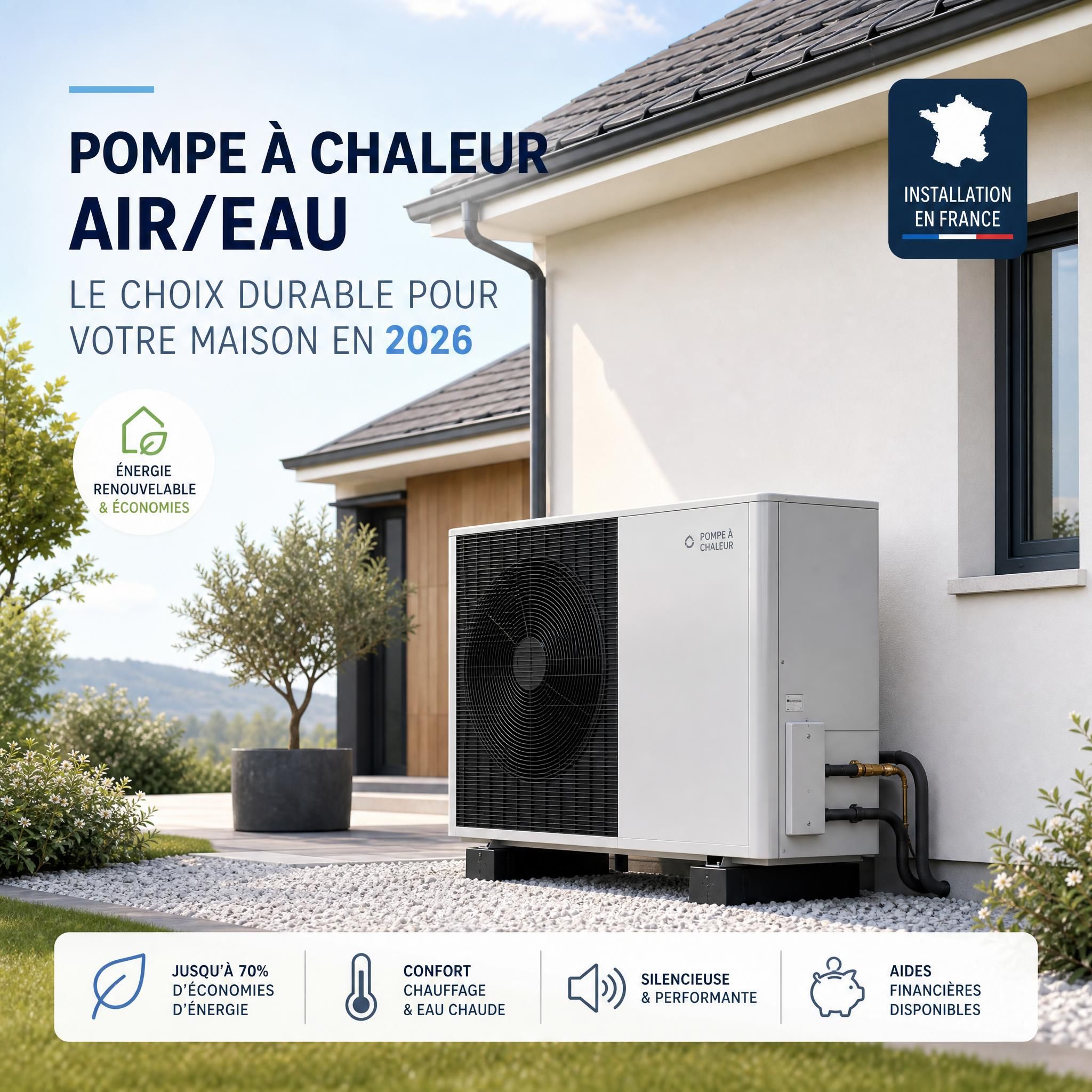 Pompe à chaleur air/eau installée sur une maison individuelle en France, illustration actualités 2026