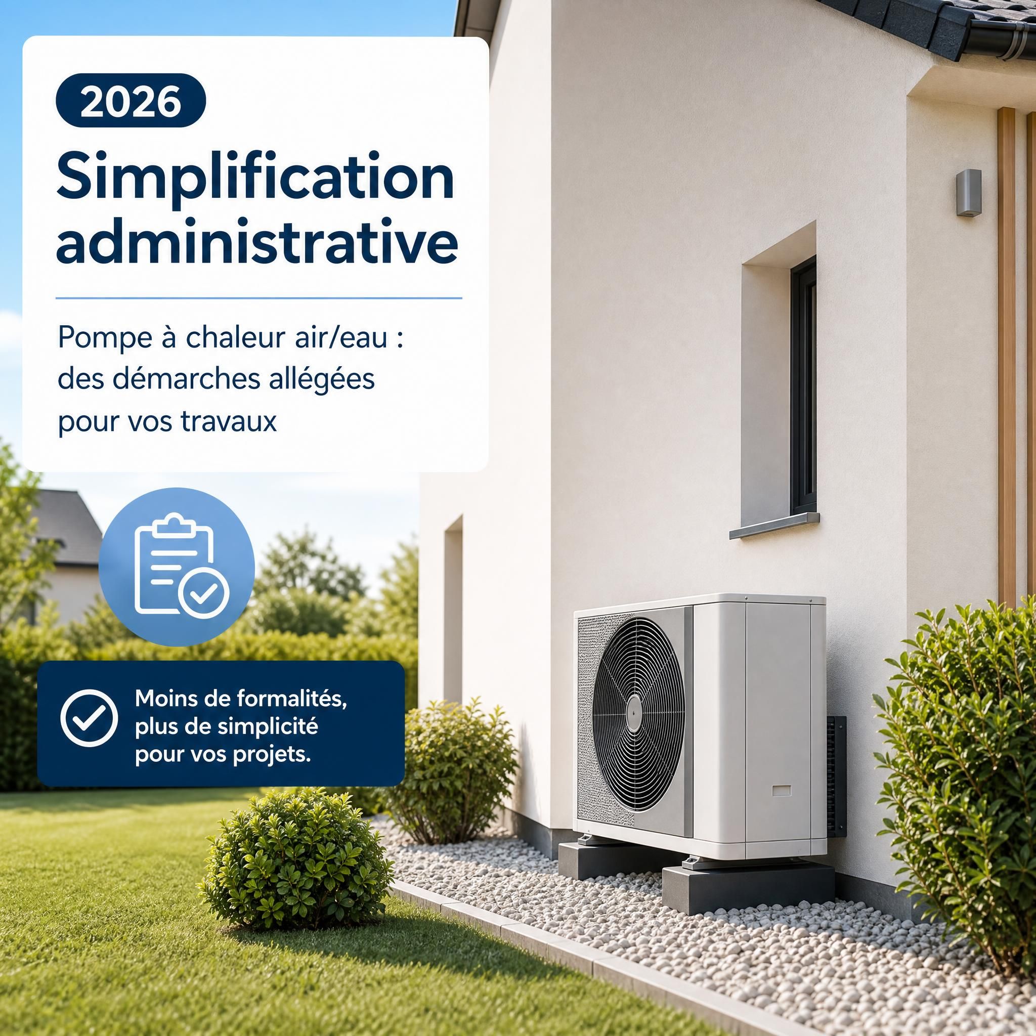 Unité extérieure de pompe à chaleur air/eau installée discrètement sur le côté d'une maison individuelle, illustration simplification administrative 2026