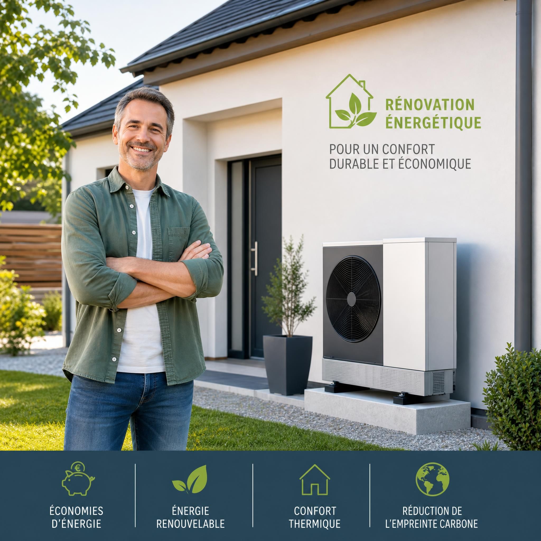 Propriétaire satisfait devant sa maison avec unité extérieure pompe à chaleur air eau installée, rénovation énergétique
