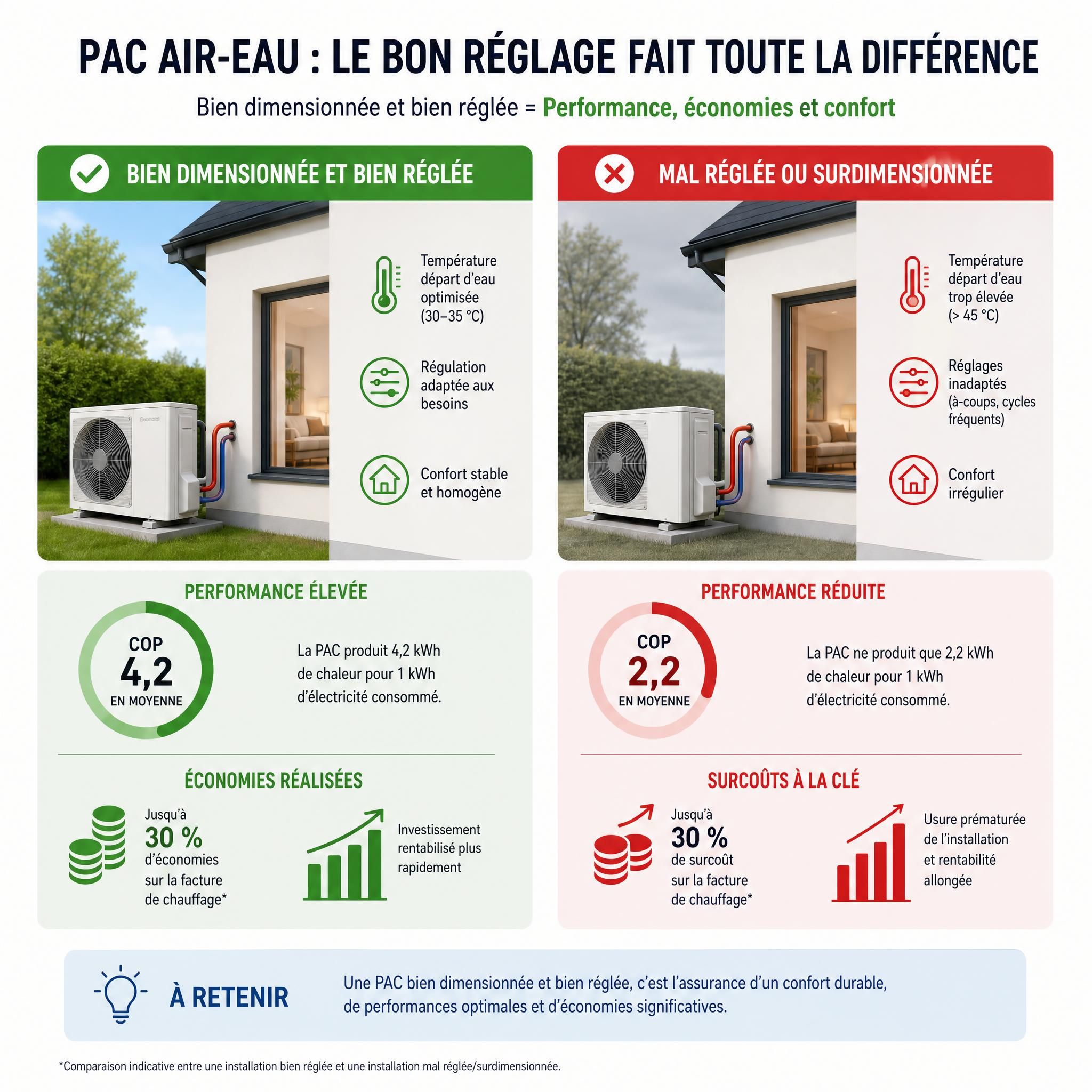 Schéma comparatif installation PAC air eau bien dimensionnée versus mal réglée, impact sur COP et économies
