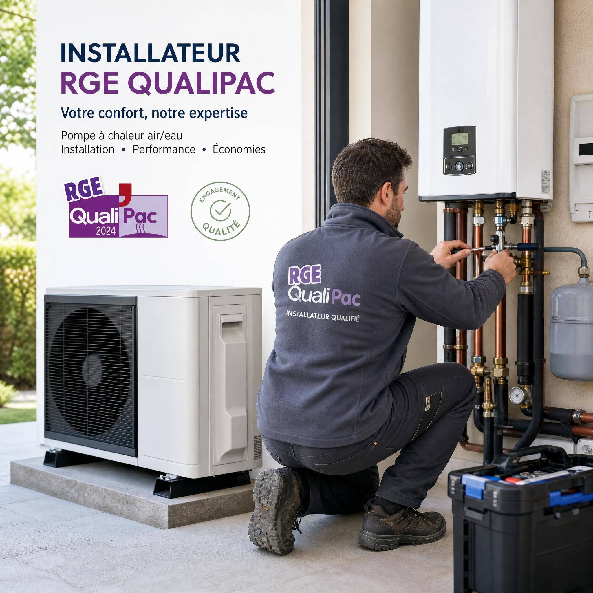 Installateur RGE QualiPAC en train de réaliser une installation pompe à chaleur air eau - certification qualité