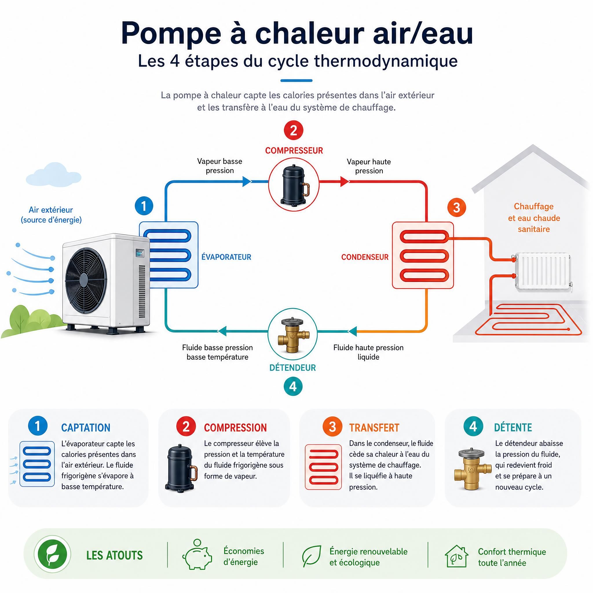 Schéma pédagogique du fonctionnement d'une pompe à chaleur air/eau avec les 4 étapes du cycle thermodynamique : captation, compression, transfert, détente