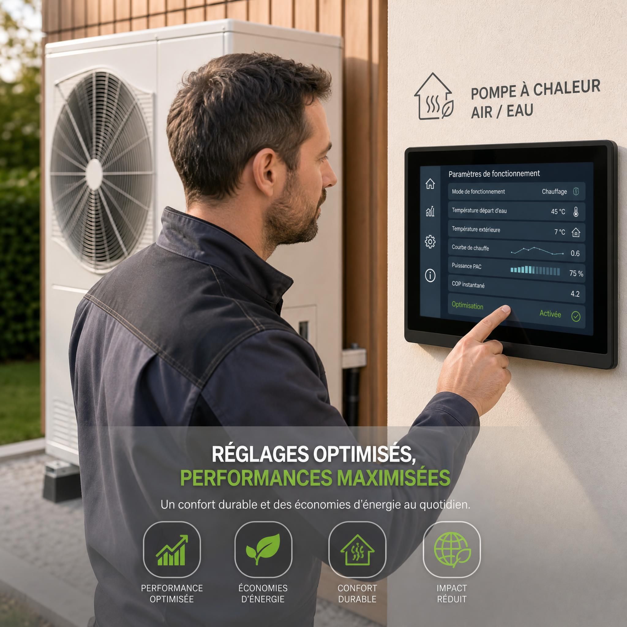 Technicien réglant les paramètres d'une pompe à chaleur air/eau sur une interface numérique, optimisation performance PAC