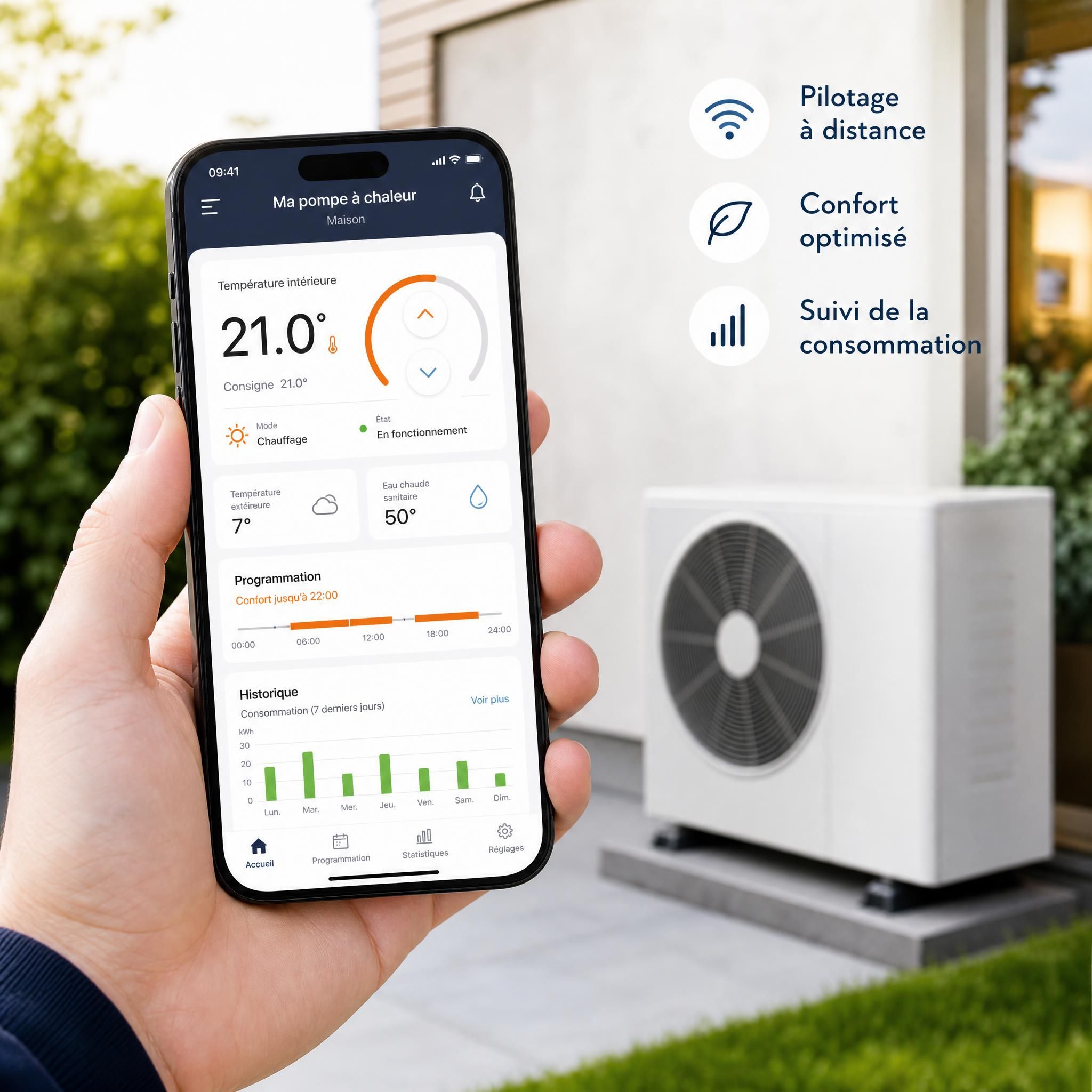 Tableau de bord thermostat connecté affiché sur smartphone pour pilotage pompe à chaleur air eau à distance