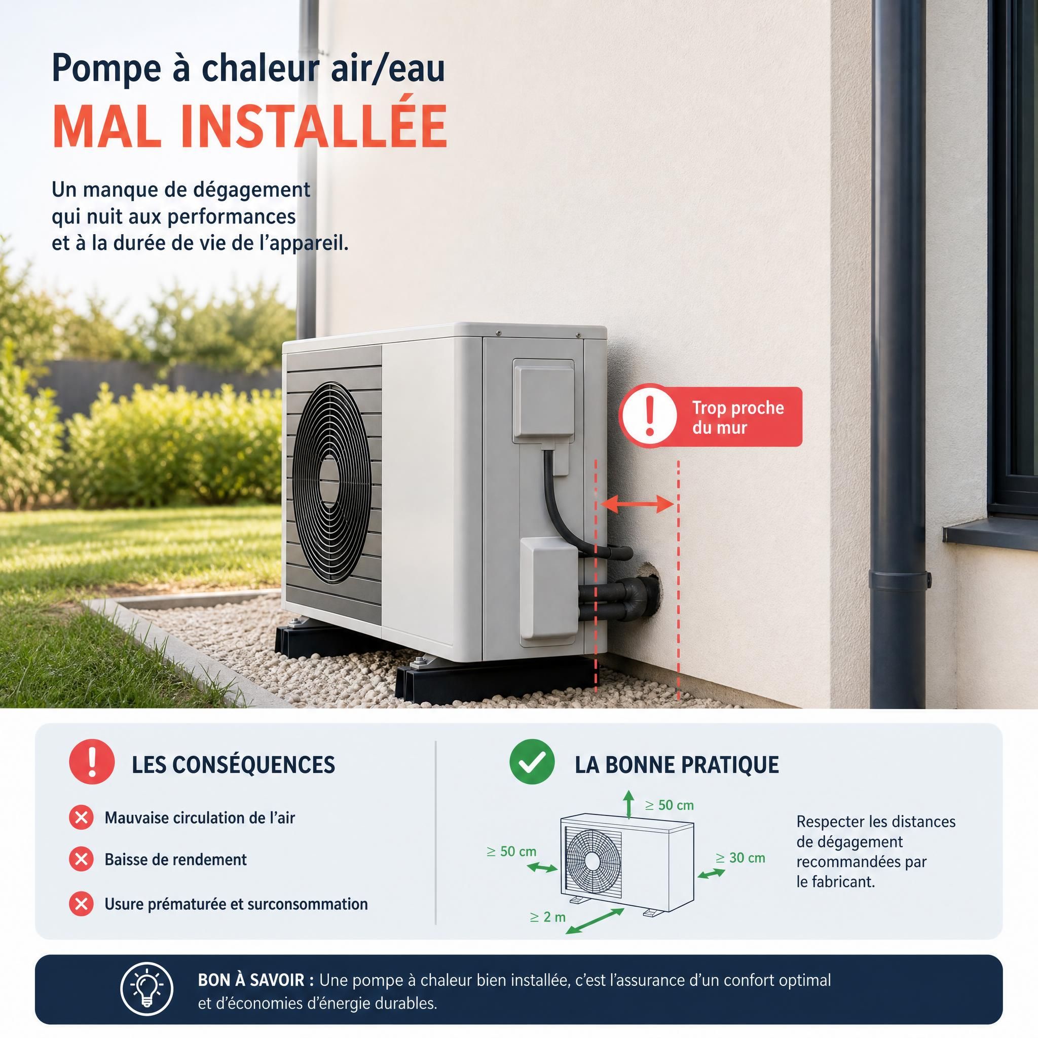 Pompe à chaleur air/eau mal installée à l'extérieur d'une maison, unité extérieure trop proche du mur sans dégagement suffisant — exemple d'erreur courante à éviter