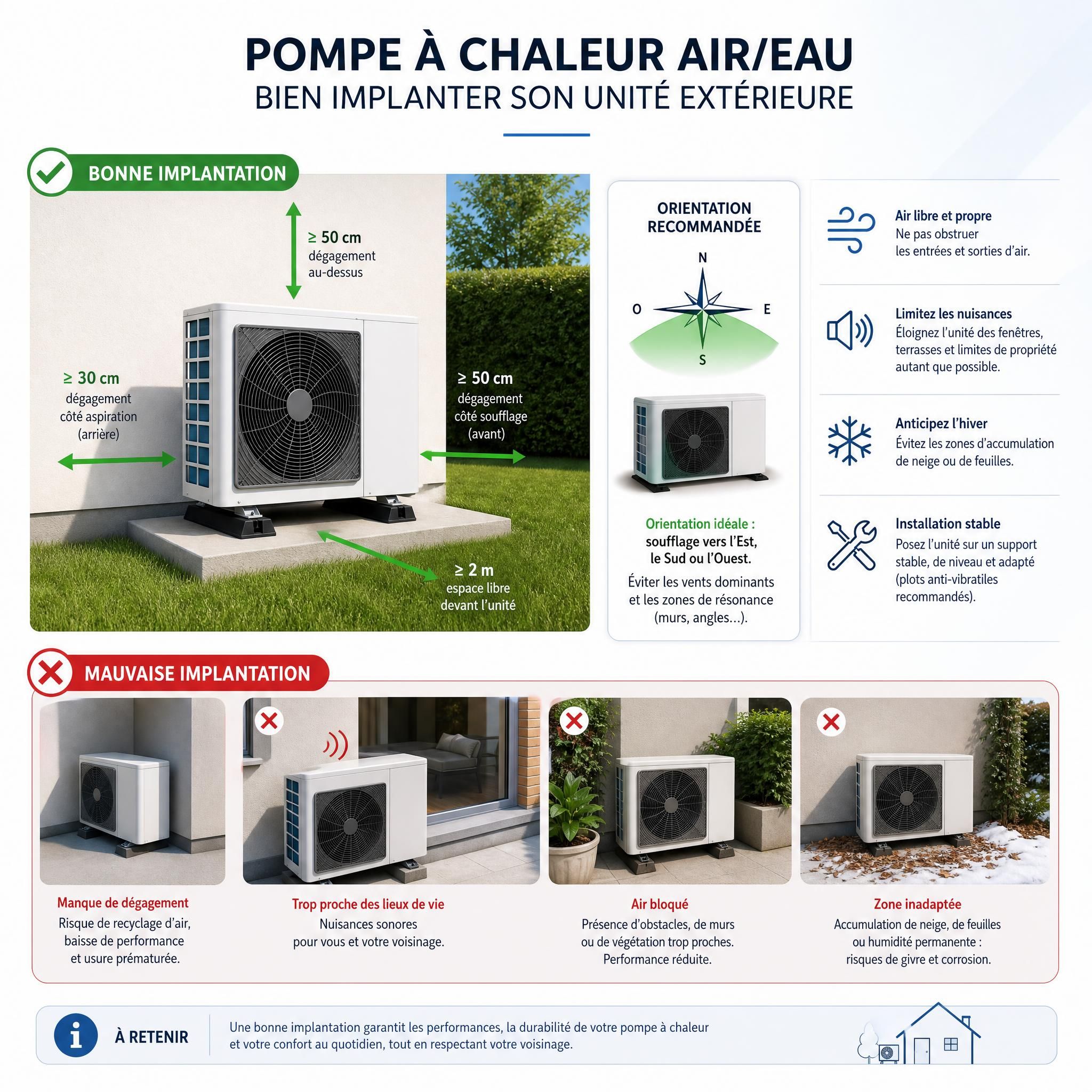 Schéma de bonne et mauvaise implantation d'une unité extérieure de pompe à chaleur air/eau — dégagements, distances, orientation recommandée