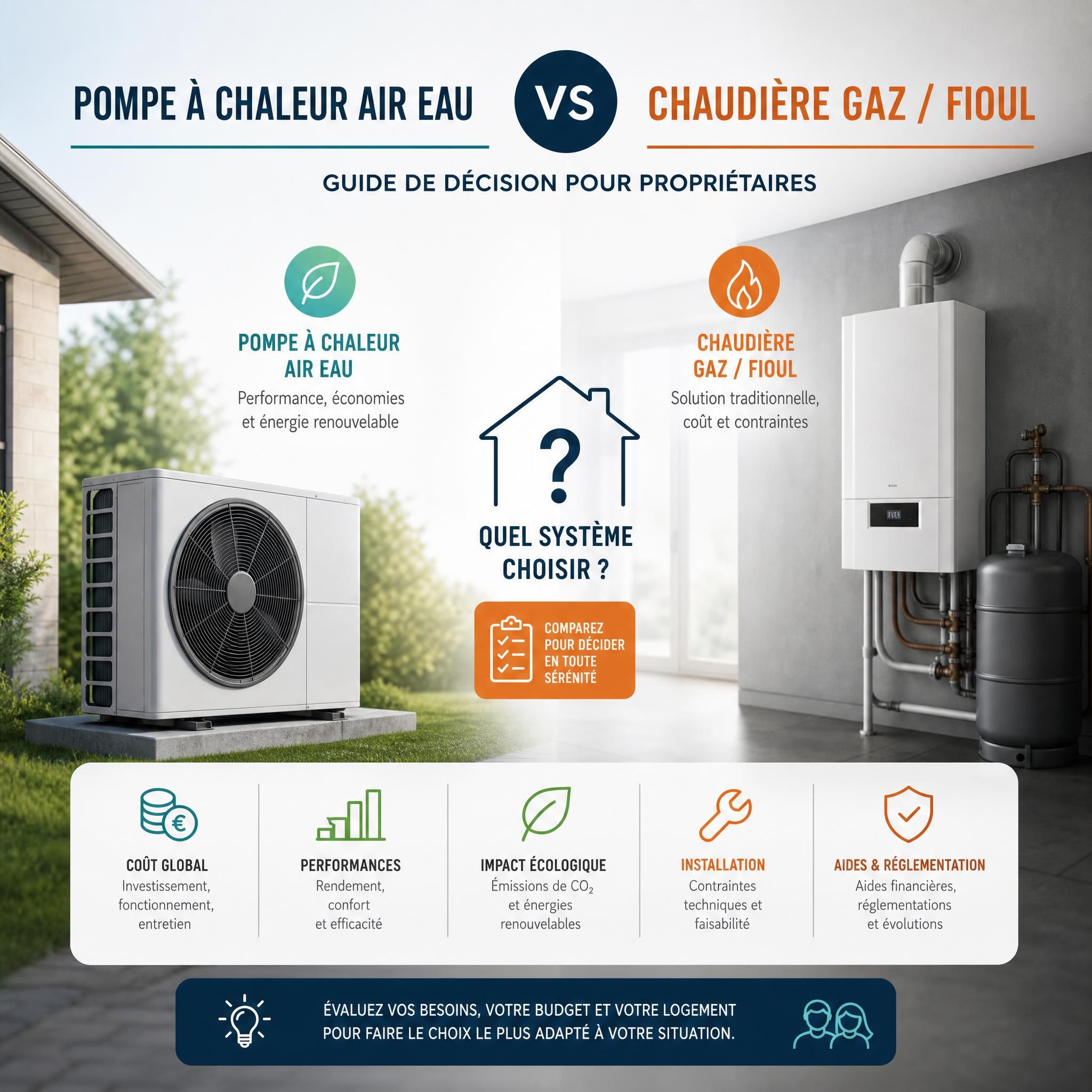 Comparatif pompe à chaleur air eau versus chaudière gaz fioul - guide de décision pour propriétaires