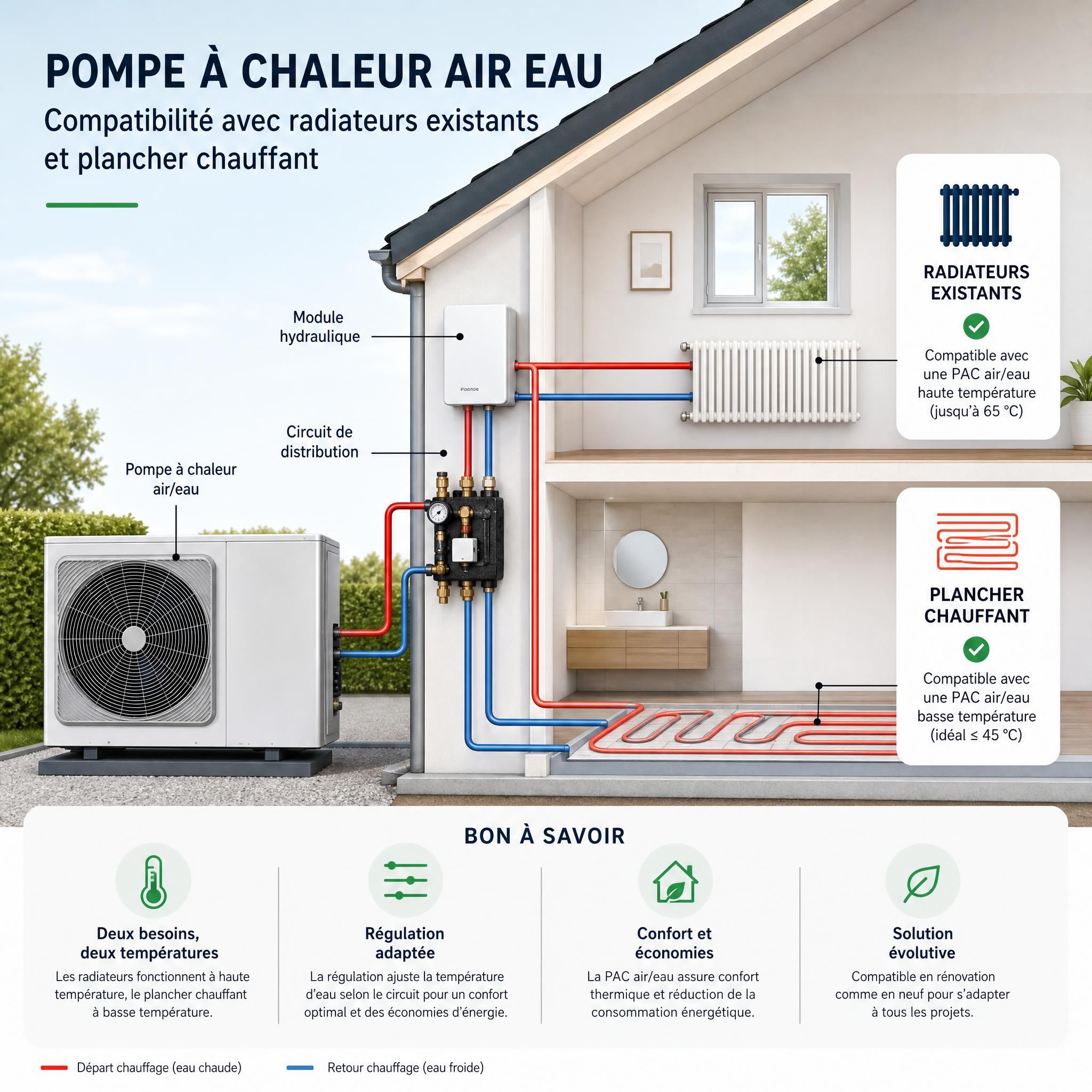 Schéma compatibilité pompe à chaleur air eau avec radiateurs existants et plancher chauffant