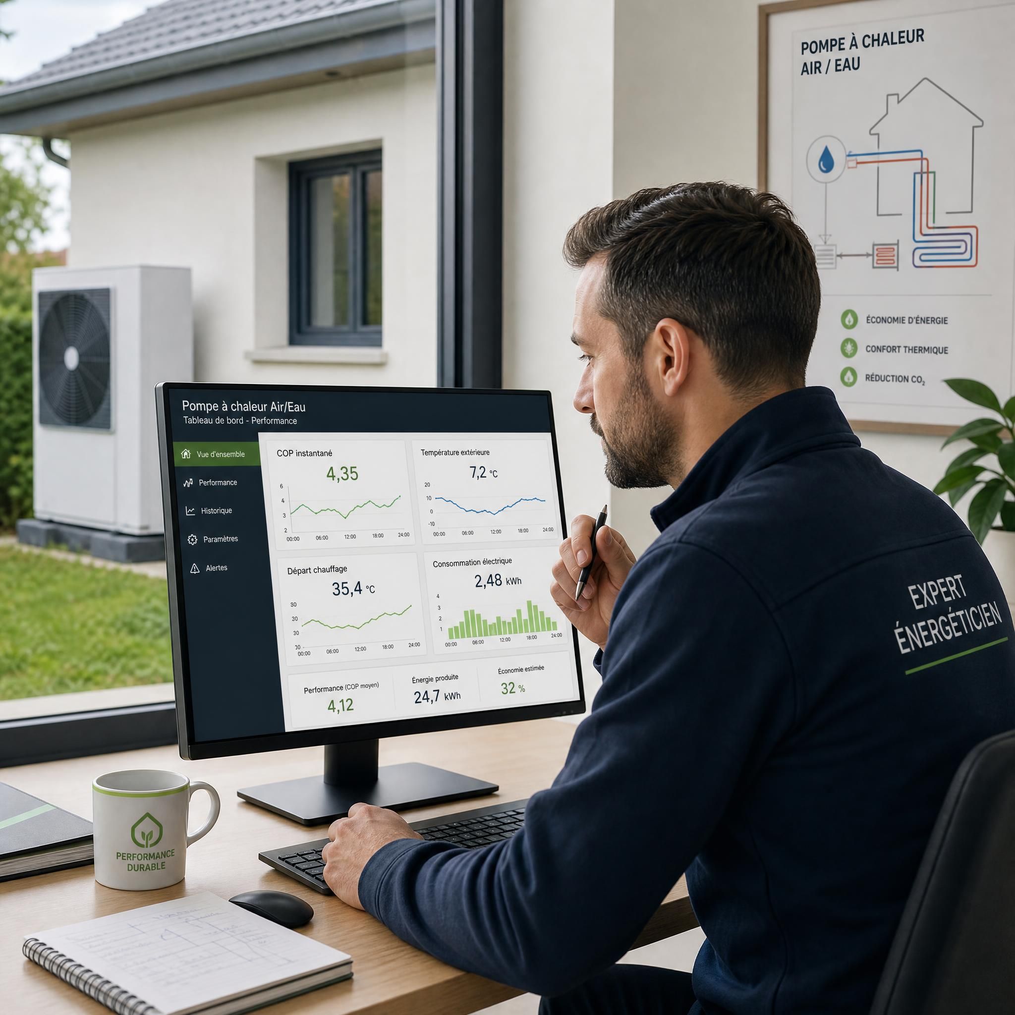 Expert énergéticien analysant les données de performance d'une pompe à chaleur air eau installée sur une maison individuelle