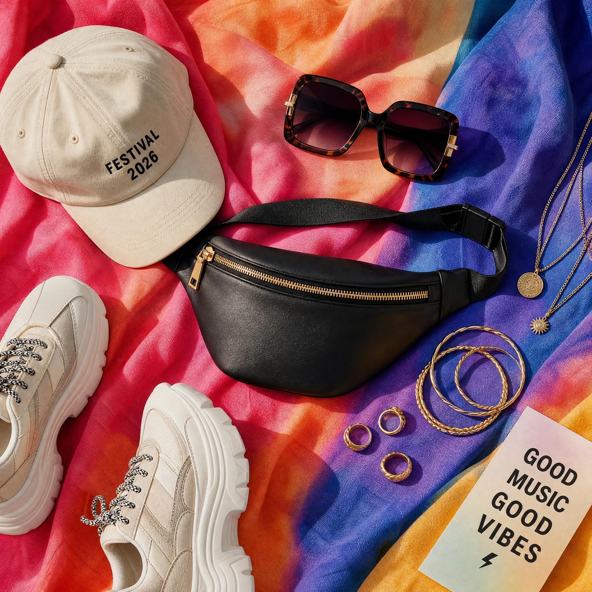 Flat lay d'accessoires festival 2026 — lunettes de soleil oversize, sac banane, bijoux dorés, casquette et chaussures tendance sur fond de tissu coloré