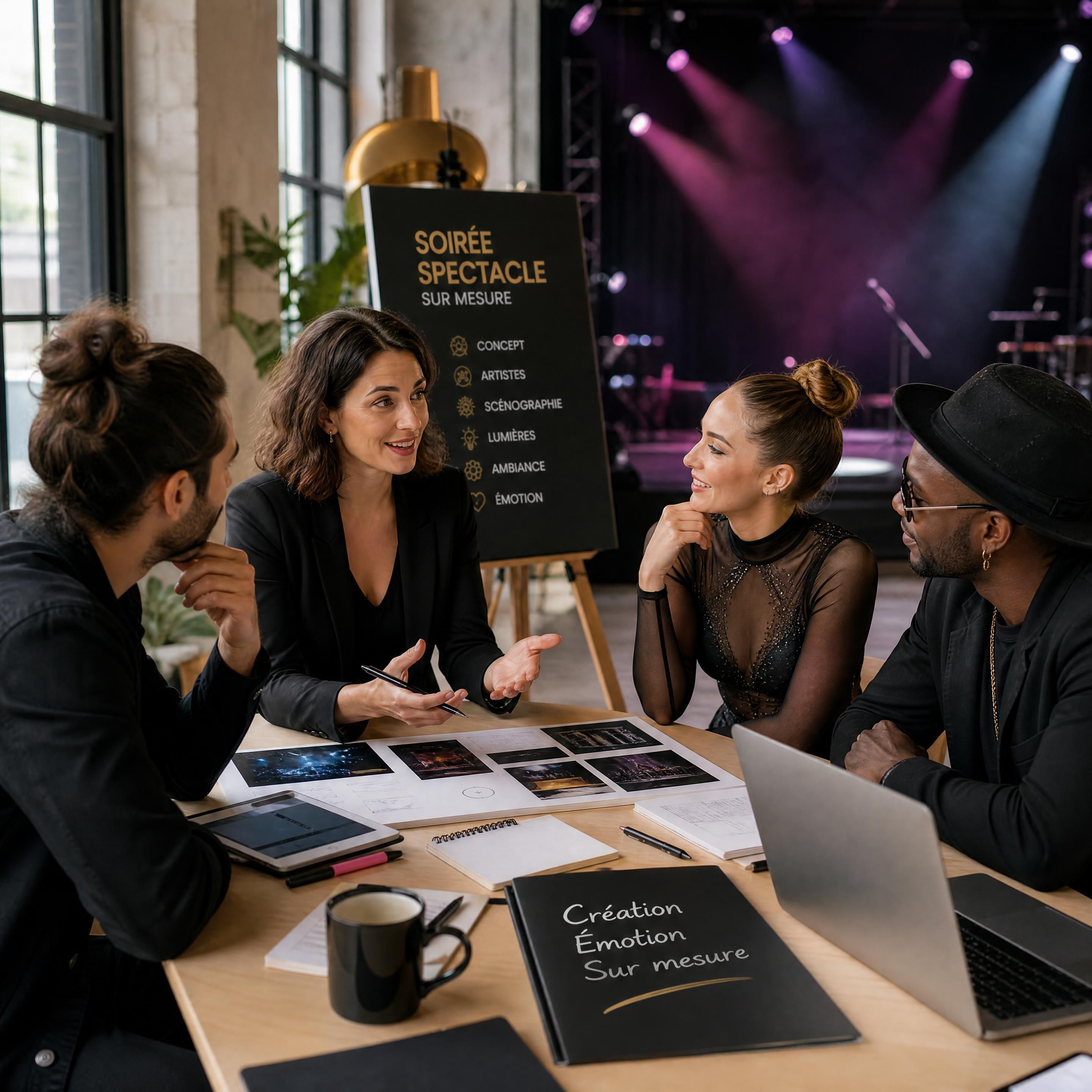 Organisateur d'événement en discussion avec des artistes professionnels lors de la préparation d'une soirée spectacle sur mesure