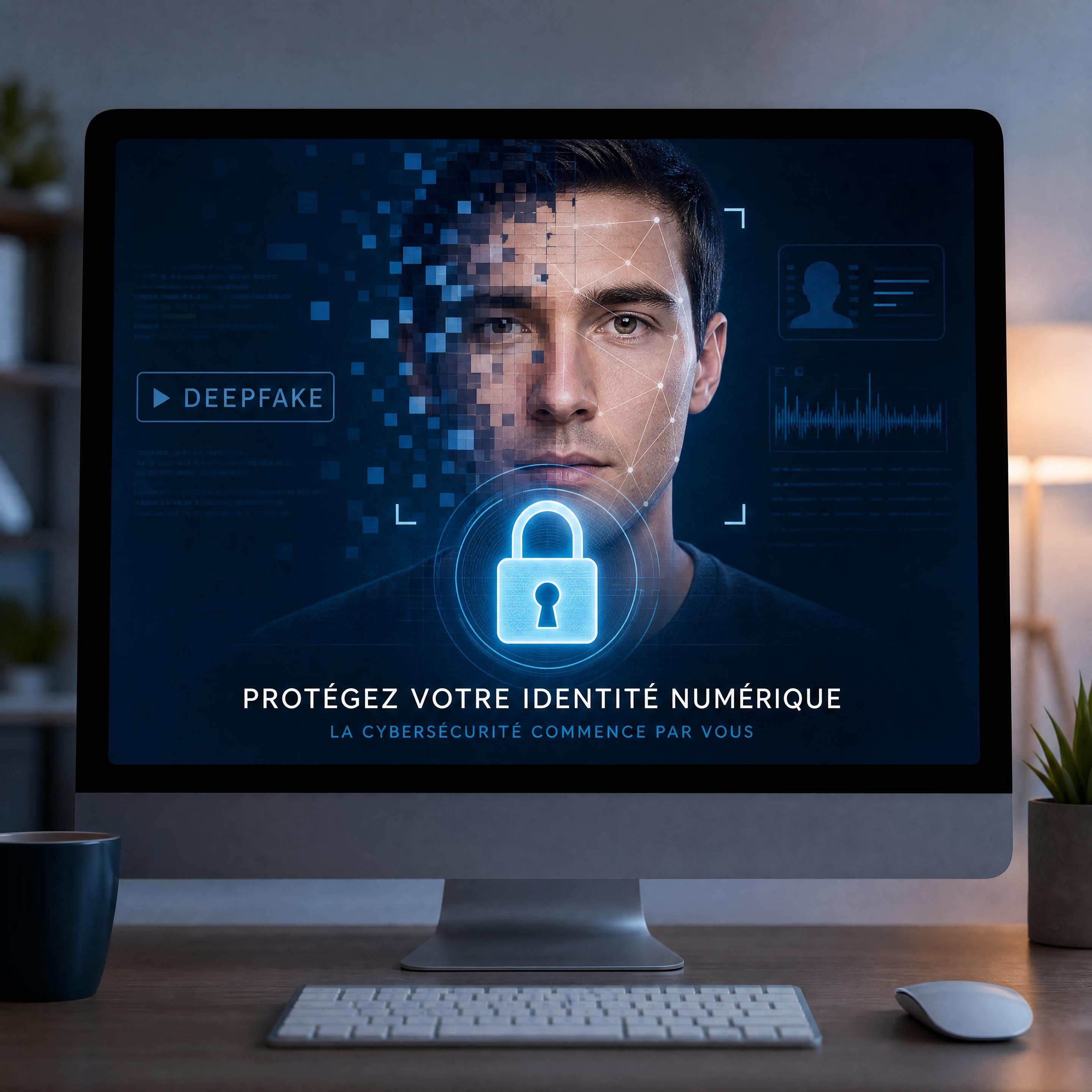 Illustration d'un écran d'ordinateur affichant un visage numérique fragmenté symbolisant un deepfake, avec un cadenas en surimpression représentant la cybersécurité pour les particuliers