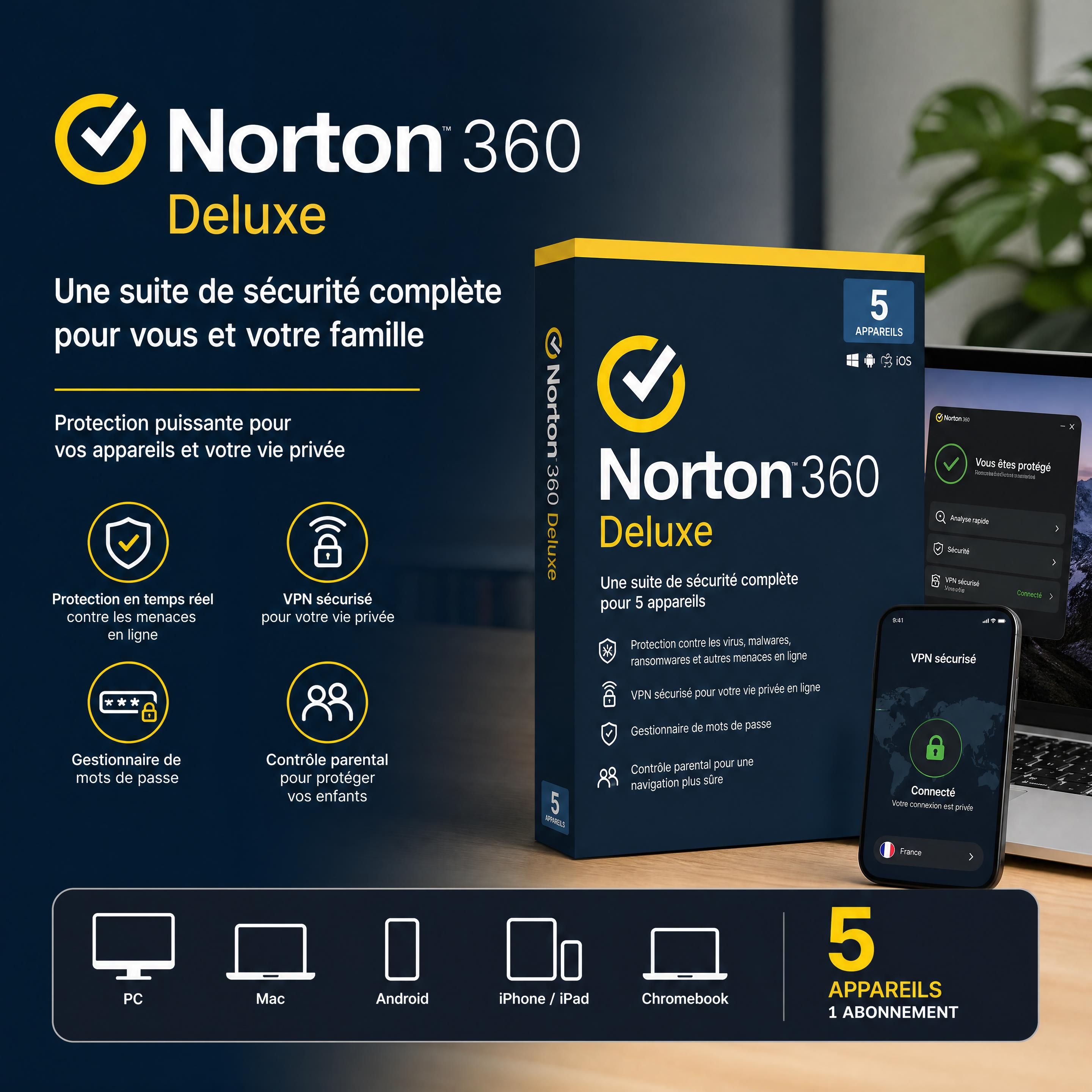 Norton 360 Deluxe - suite de sécurité complète pour 5 appareils, antivirus VPN et protection en ligne