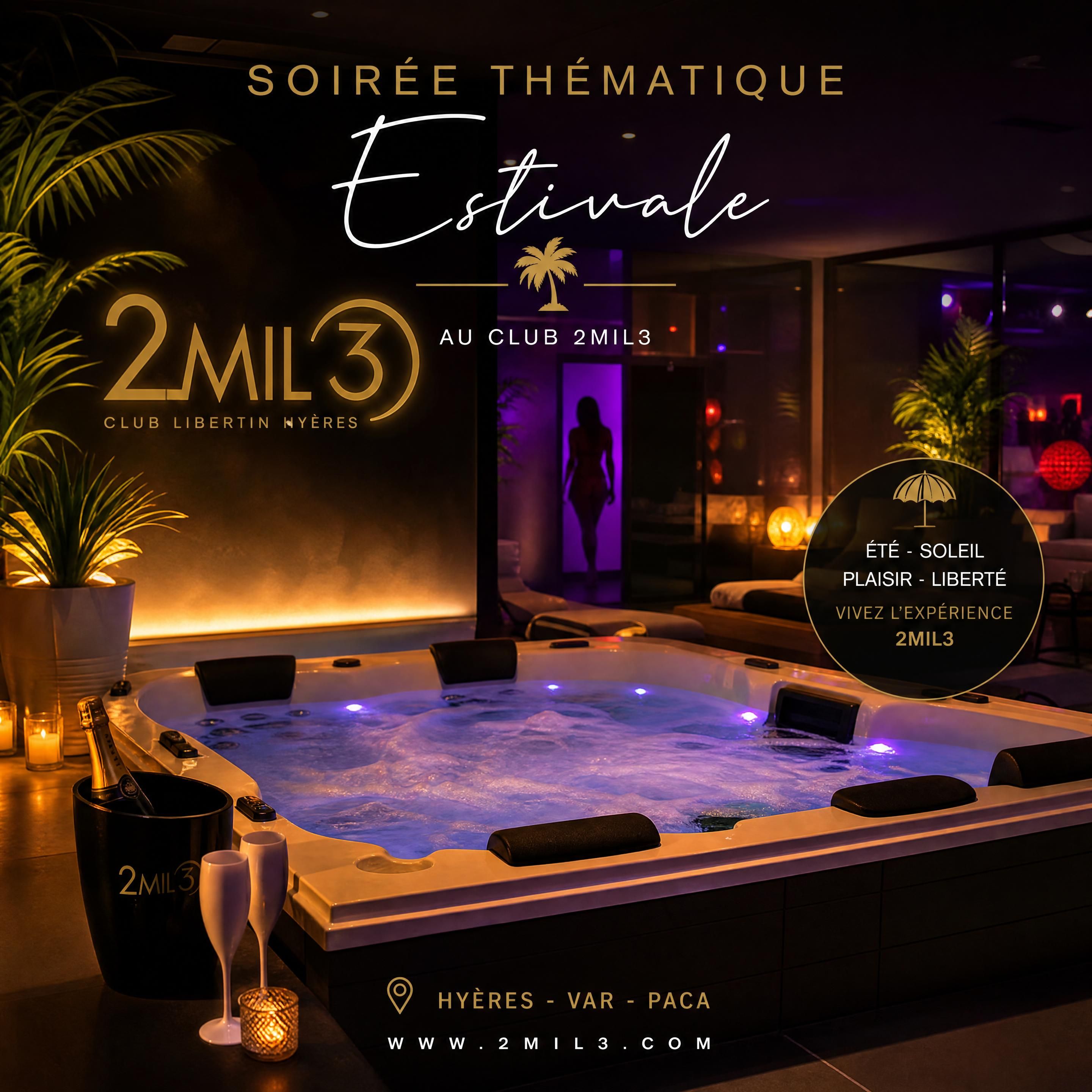 Ambiance lumières tamisées et espace balnéo luxueux du club libertin 2mil3 à Hyères, Var, PACA — soirée thématique estivale