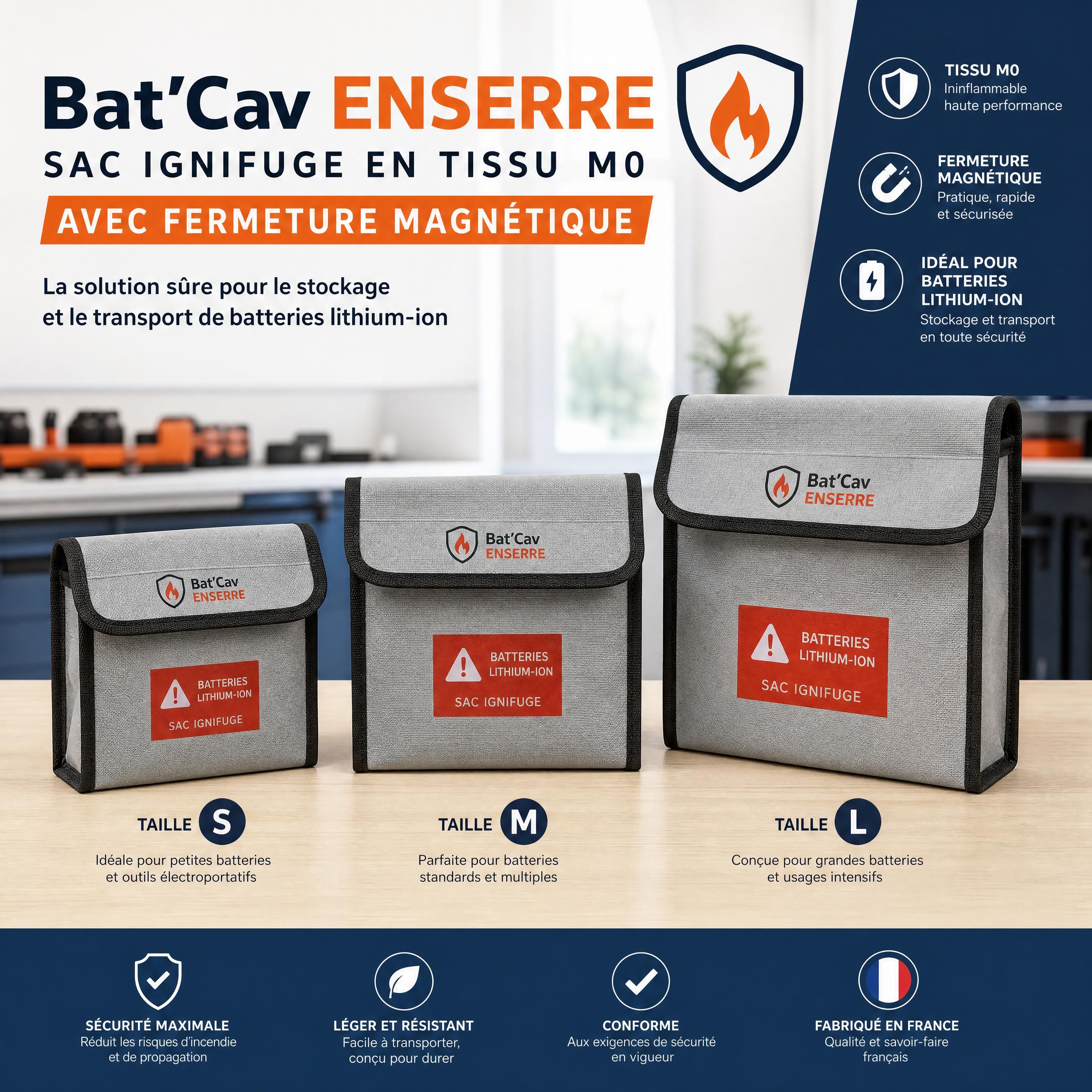 Sac ignifuge Bat'Cav ENSERRE en tissu M0 avec fermeture magnétique, présentant les différentes tailles S M L pour batteries lithium-ion