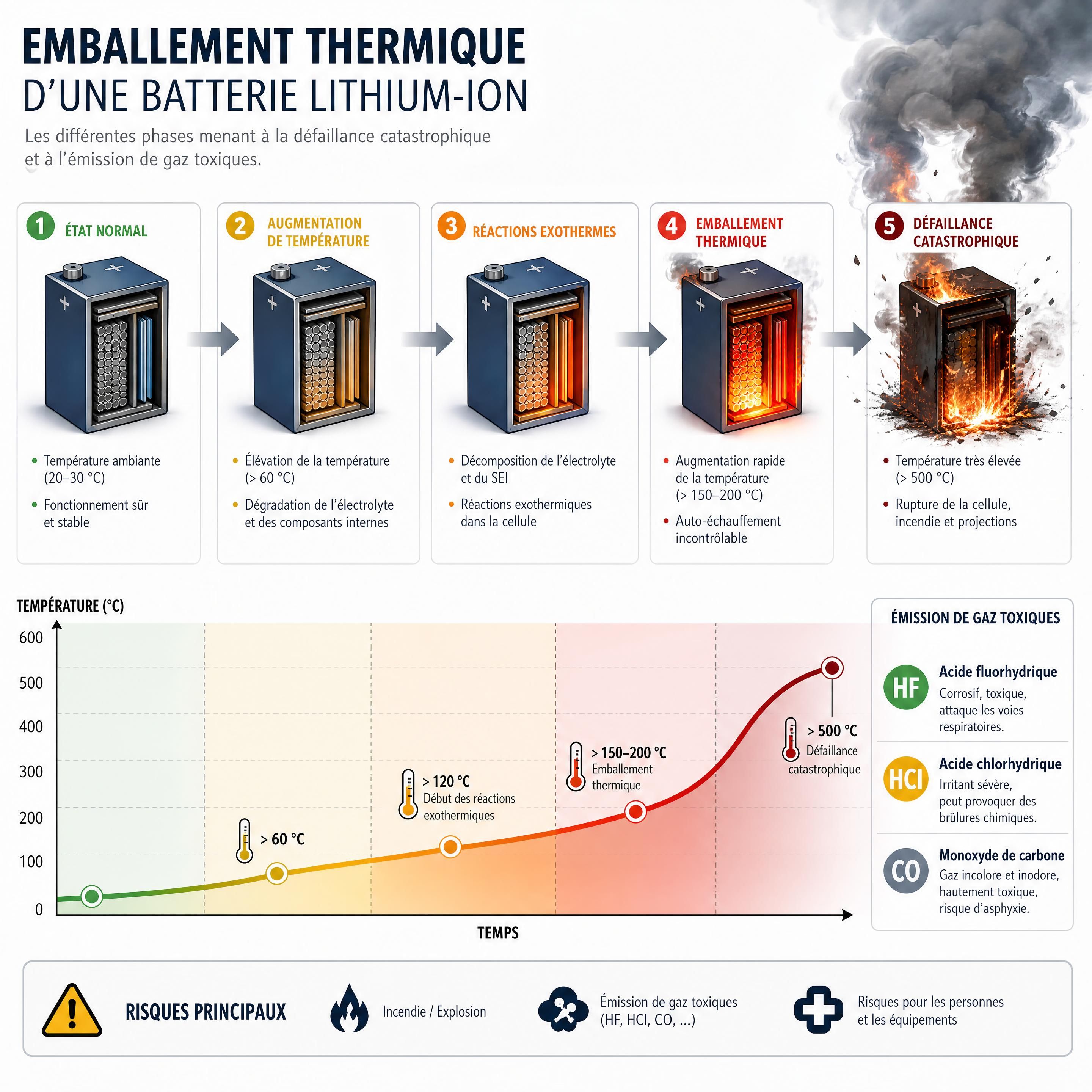 Schéma technique illustrant les phases d'emballement thermique d'une batterie lithium-ion avec courbe de température et émission de gaz toxiques HF HCl CO