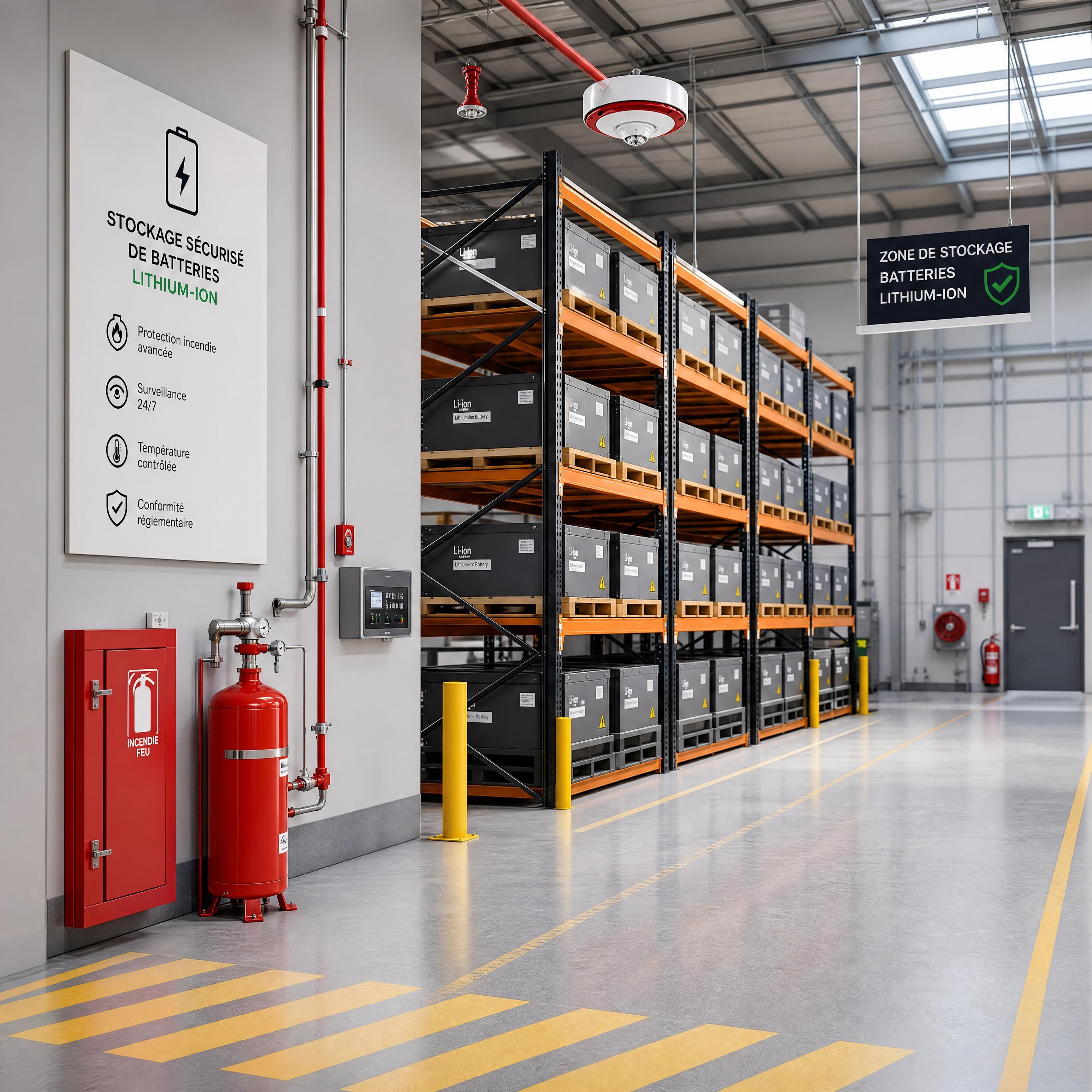Entrepôt logistique moderne avec racks de stockage de batteries lithium-ion et équipements de protection incendie professionnels
