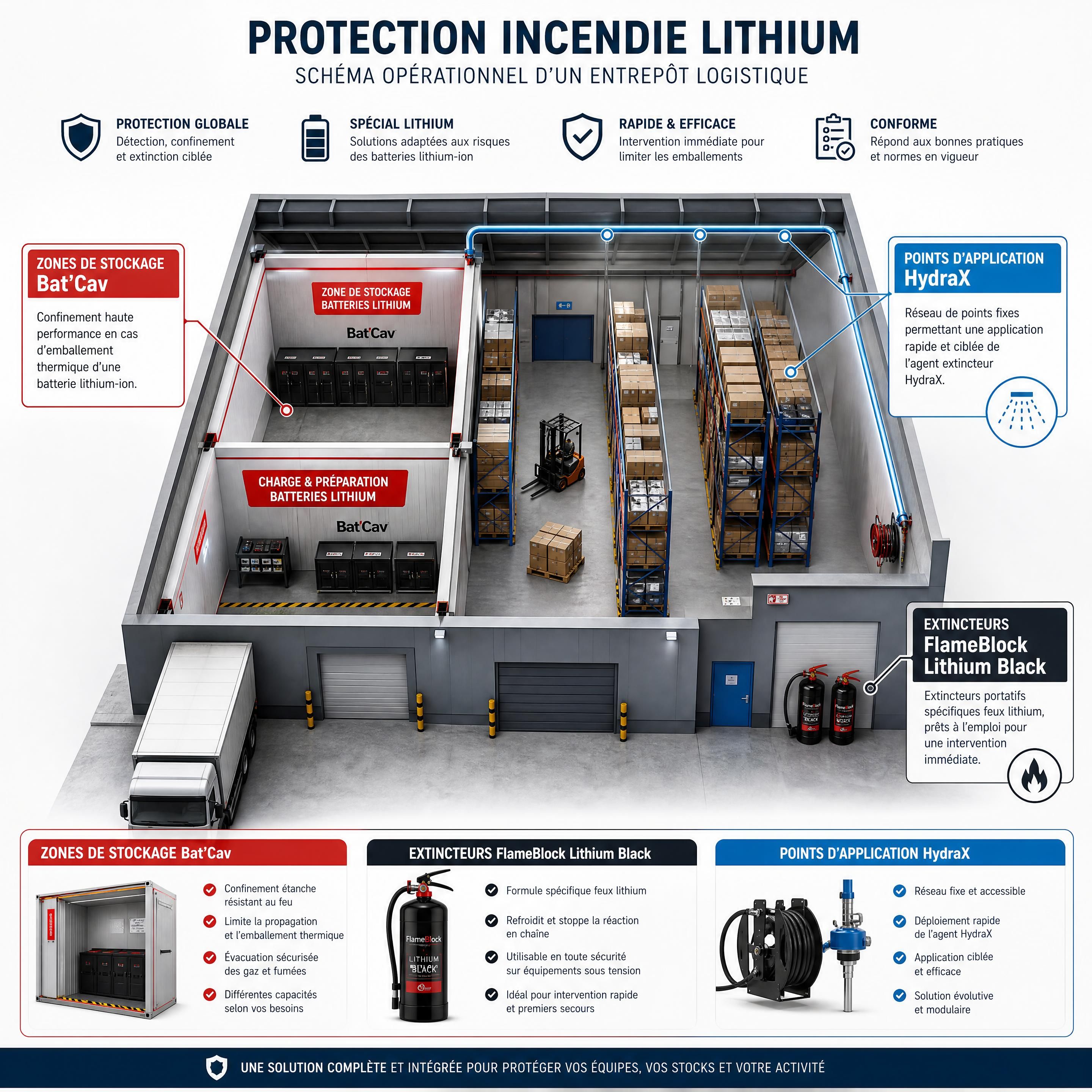 Schéma opérationnel d'un entrepôt logistique montrant le dispositif complet de protection incendie lithium avec zones de stockage Bat'Cav, extincteurs FlameBlock Lithium Black et points d'application HydraX