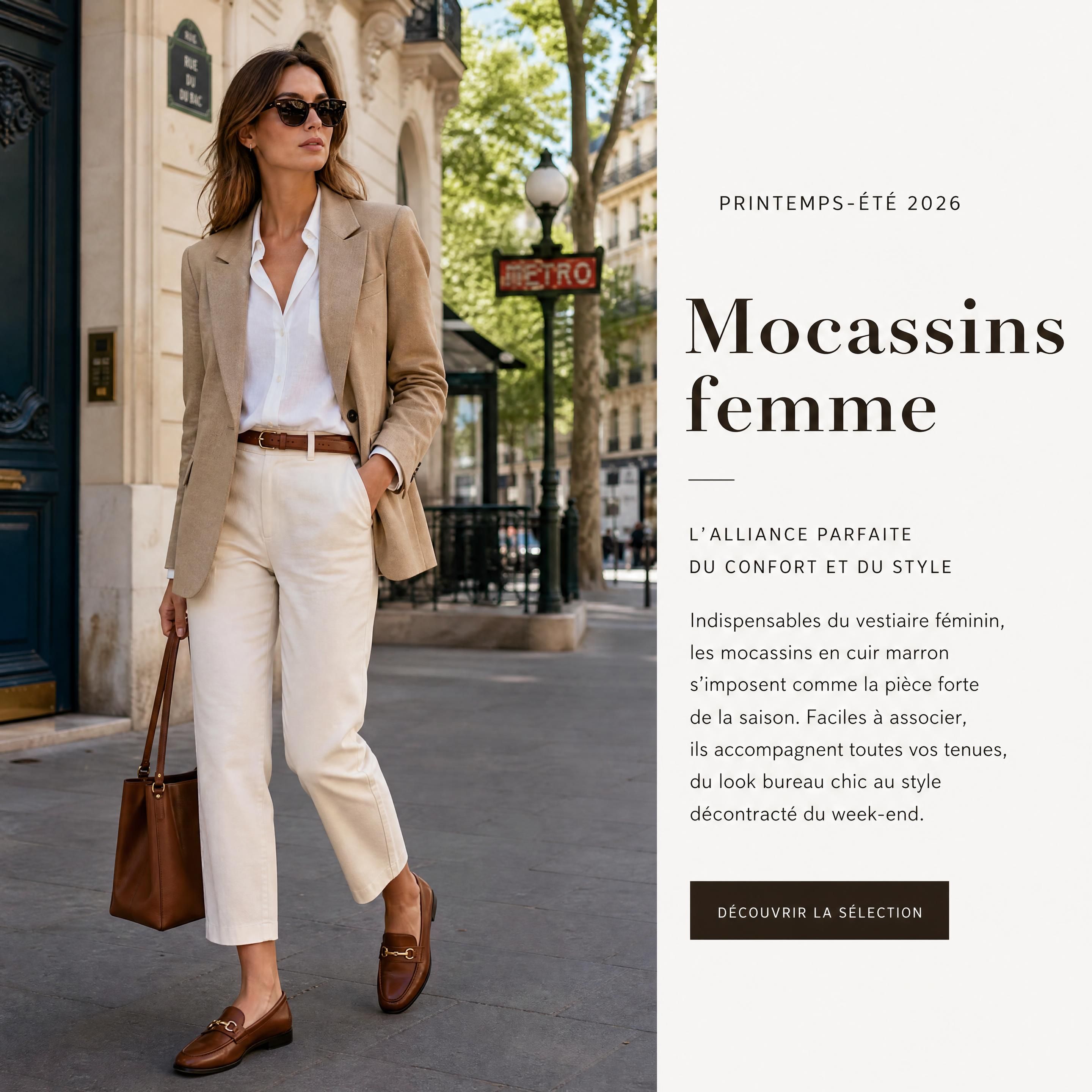 Femme urbaine élégante portant des mocassins femme en cuir marron dans une rue parisienne, look bureau chic et décontracté printemps-été 2026