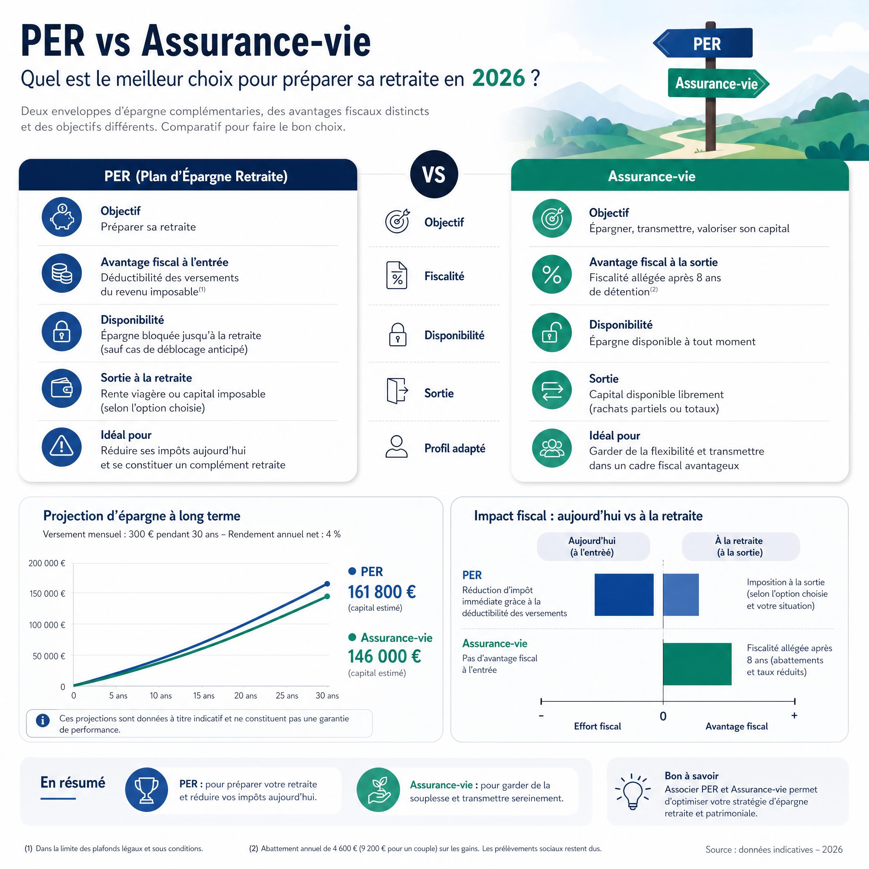 Comparatif PER et assurance-vie pour préparer sa retraite en 2026 — tableau de bord financier avec graphiques d'épargne long terme