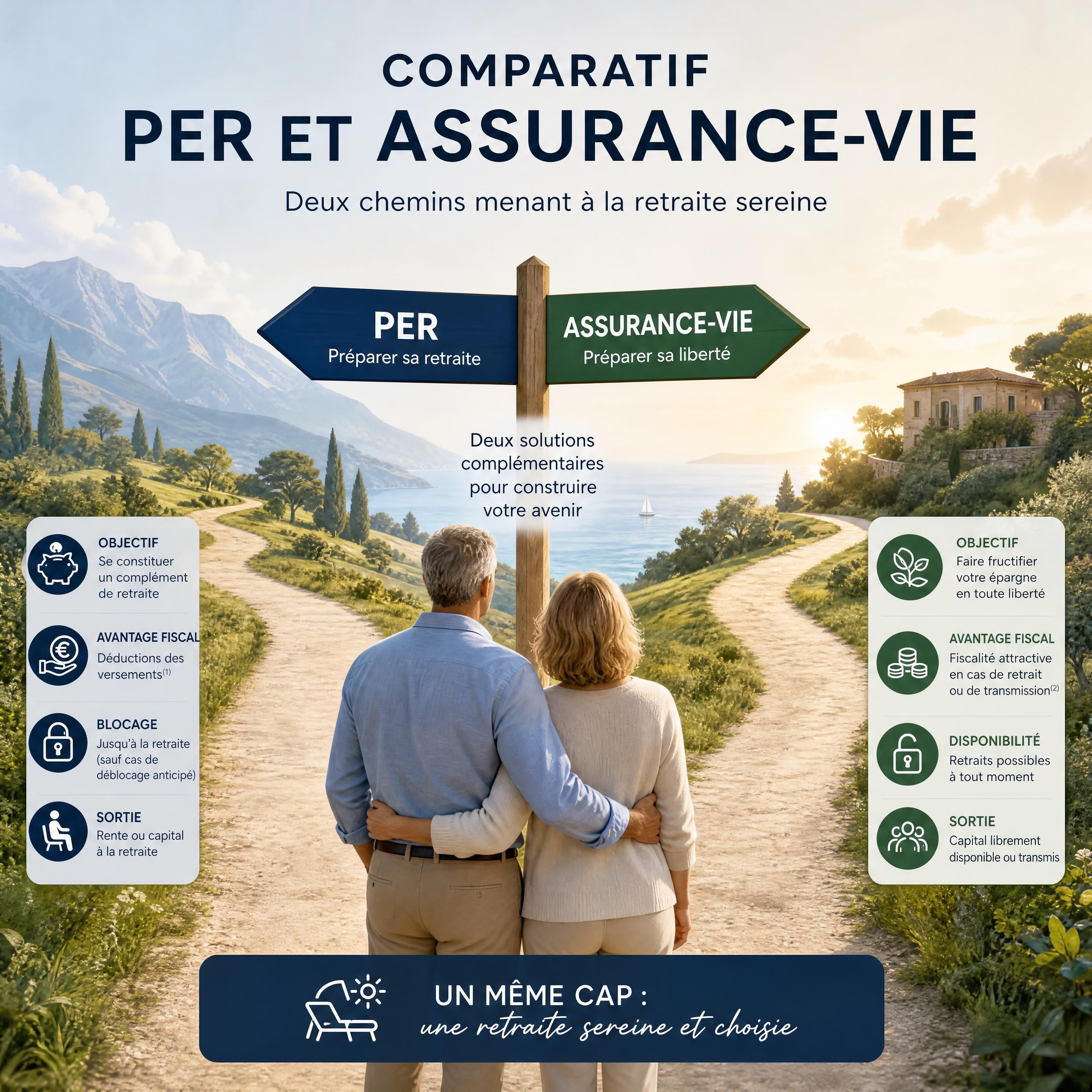 Comparatif PER et assurance-vie - deux chemins menant à la retraite sereine, illustration patrimoniale pédagogique