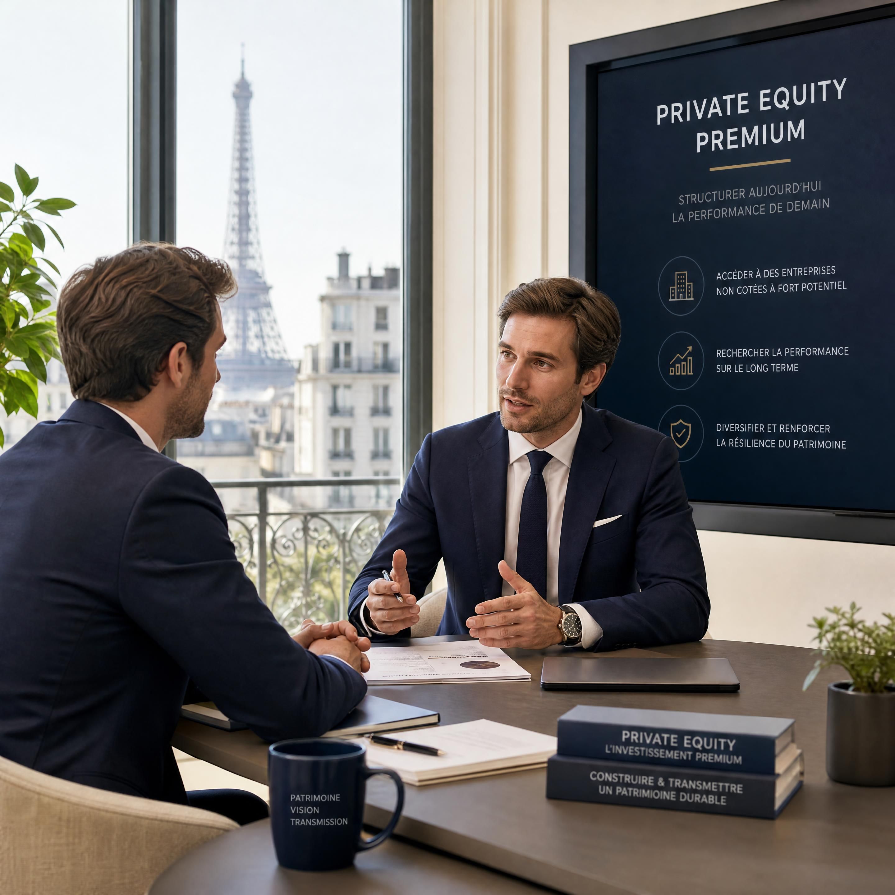 Investisseur francilien en réunion avec son conseiller en gestion de patrimoine pour structurer un investissement en private equity premium à Paris