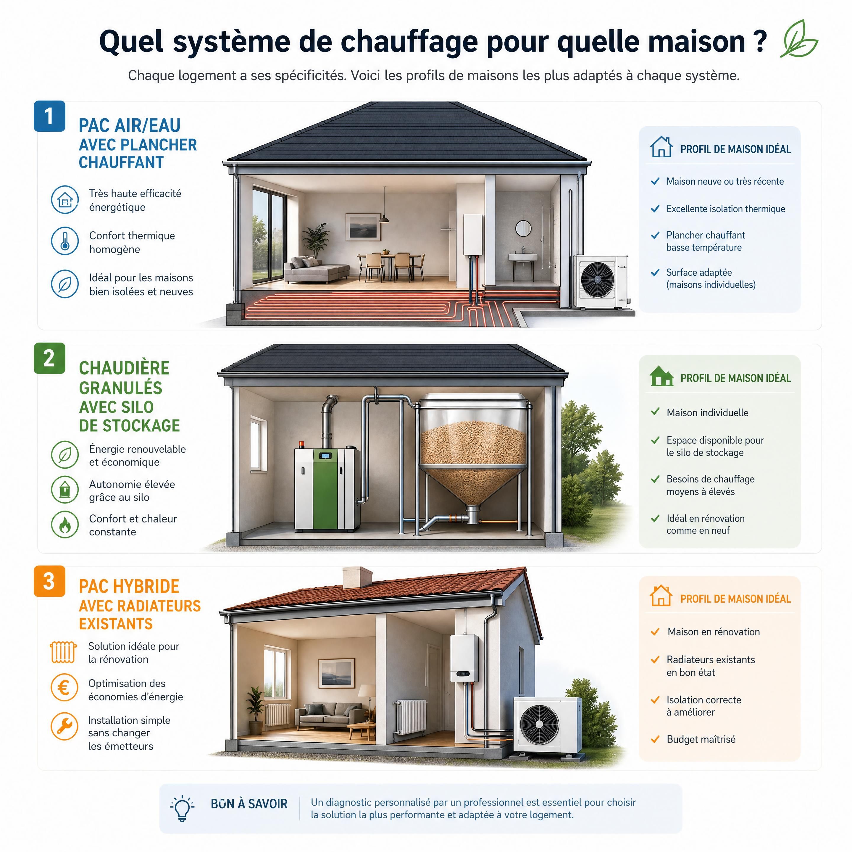Schéma pédagogique illustrant les profils de maisons adaptés à chaque système de chauffage — PAC air/eau avec plancher chauffant, chaudière granulés avec silo de stockage, PAC hybride avec radiateurs existants