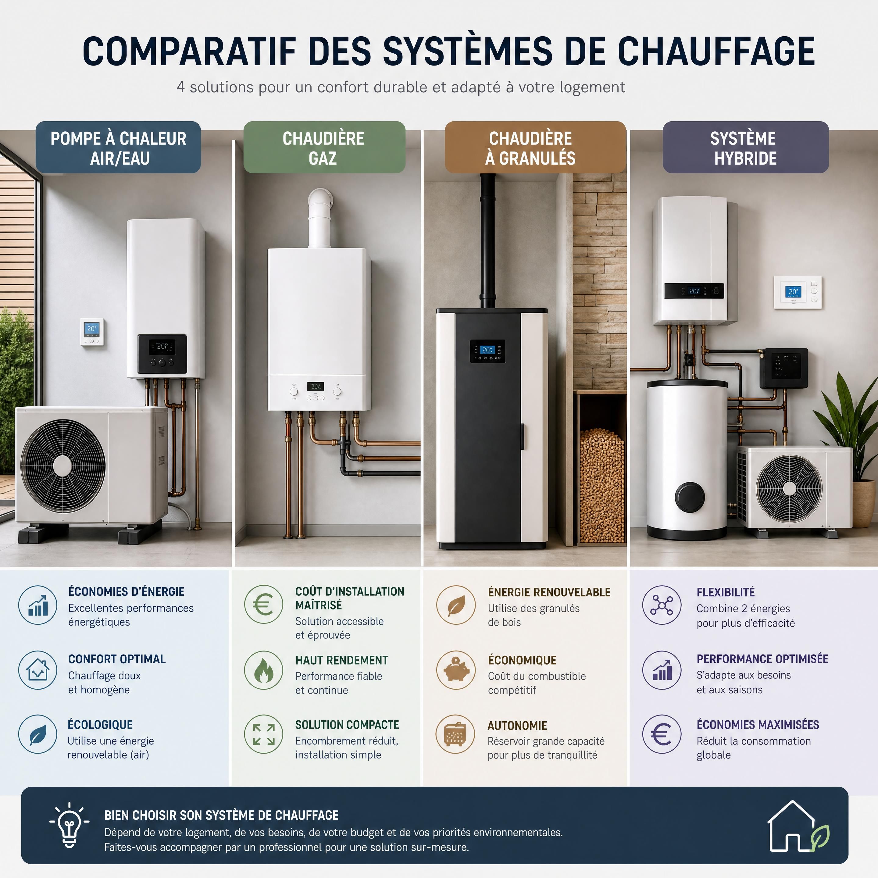 Comparatif des systèmes de chauffage — pompe à chaleur air/eau, chaudière gaz, chaudière à granulés et système hybride installés côte à côte pour illustration pédagogique