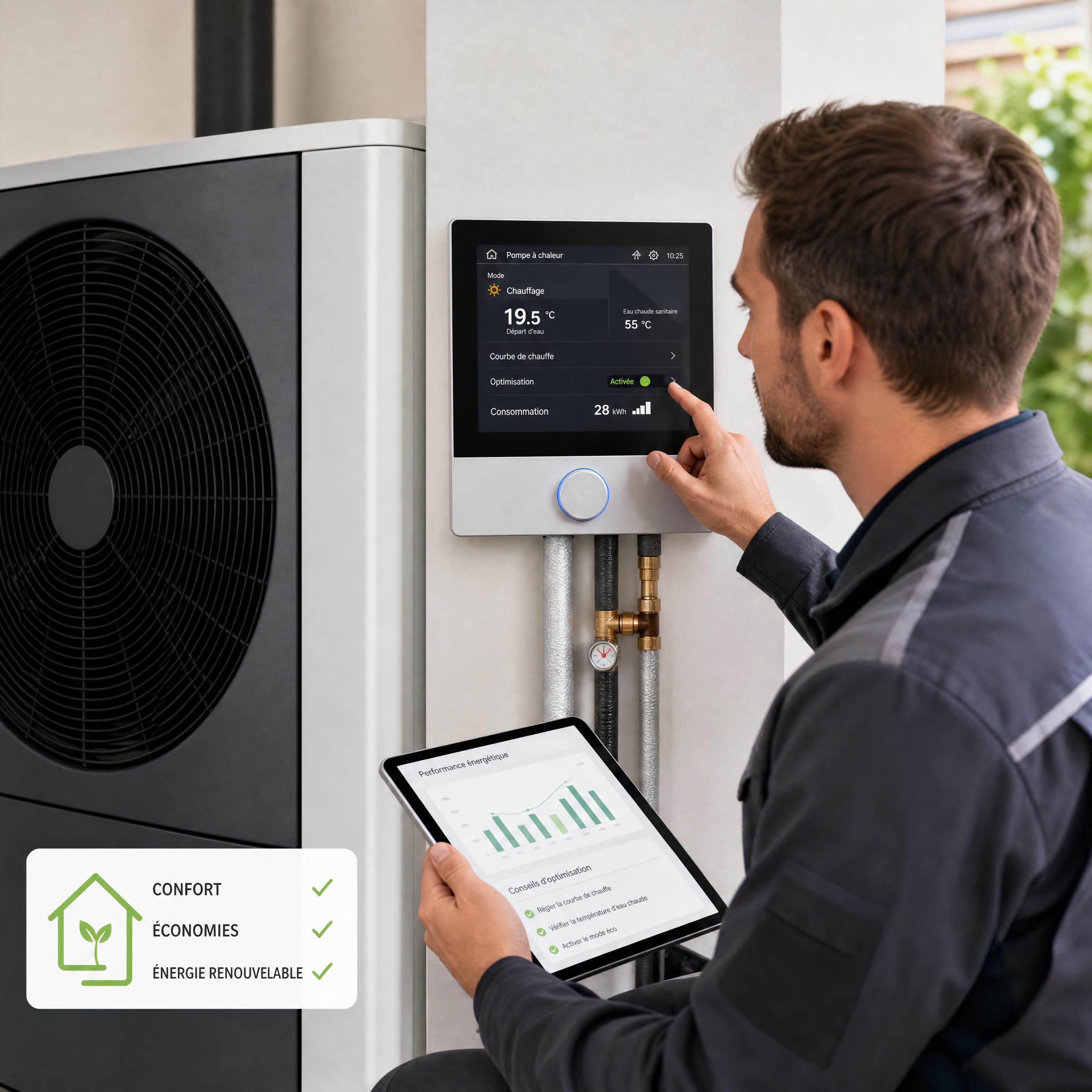 Technicien réglant les paramètres d'une pompe à chaleur air/eau moderne avec interface numérique, optimisation performance énergétique
