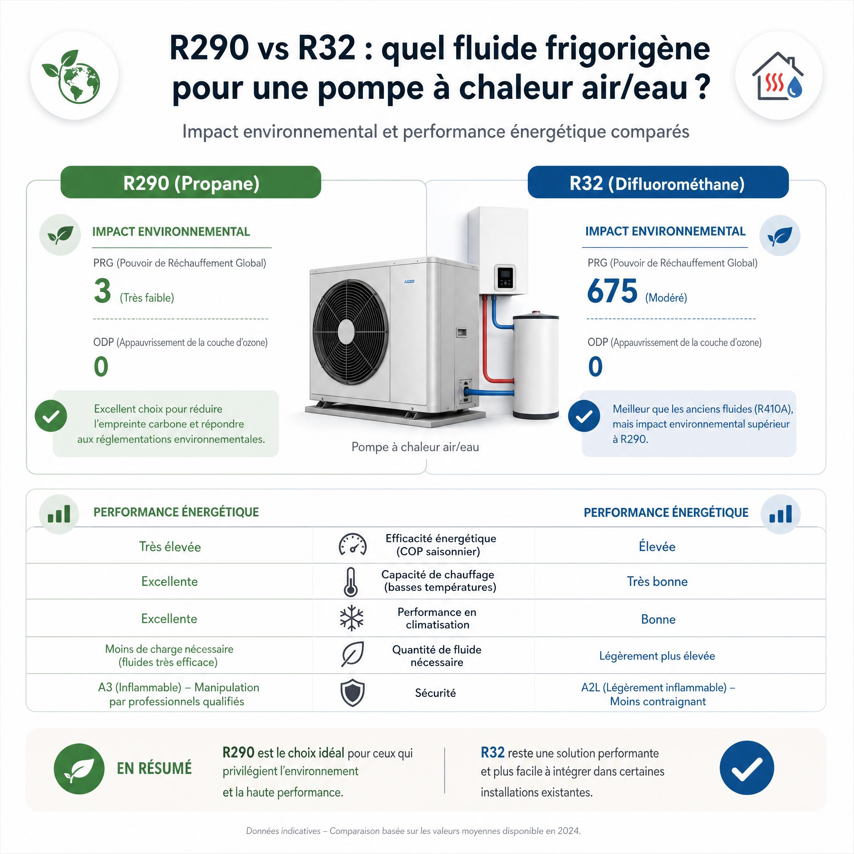 Schéma comparatif fluides frigorigènes R290 vs R32 pour pompe à chaleur air/eau, impact environnemental et performance énergétique