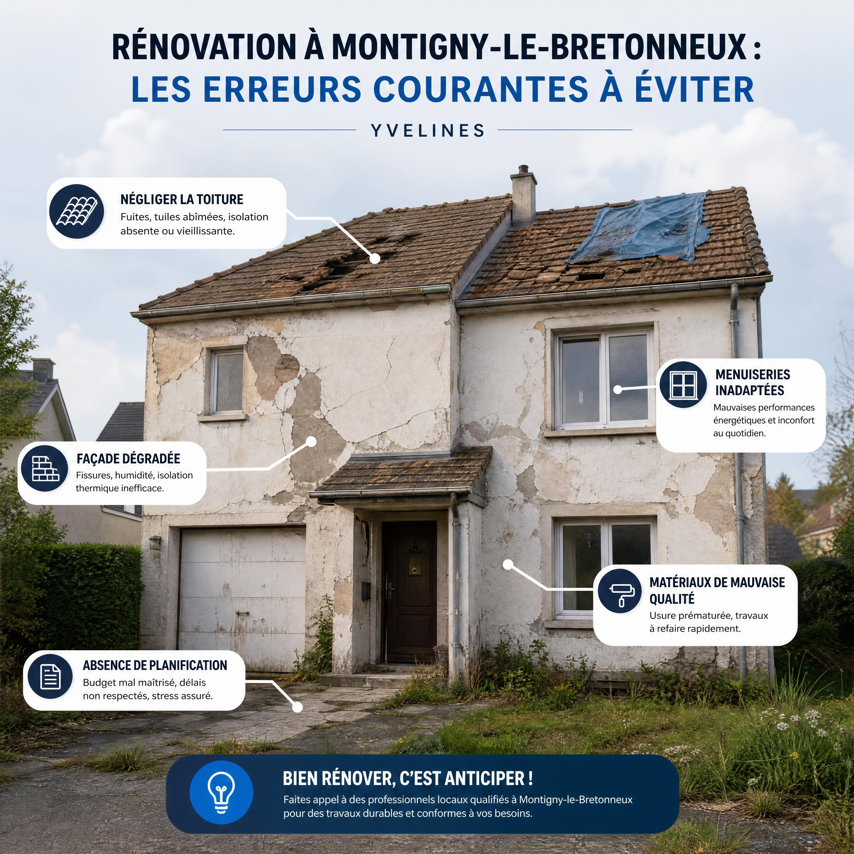 Maison individuelle dans les Yvelines avec toiture et façade dégradées illustrant les erreurs courantes de rénovation à éviter à Montigny-le-Bretonneux