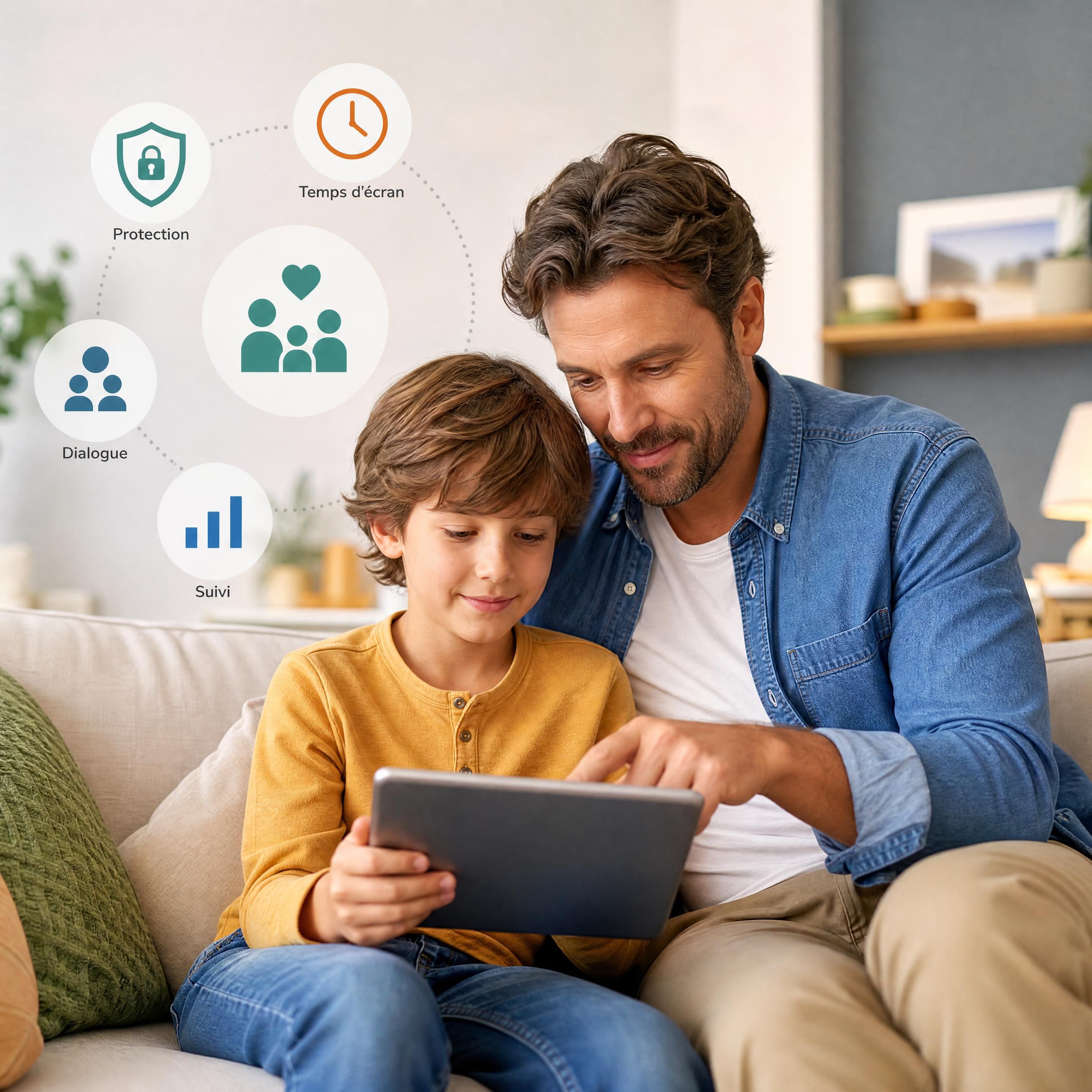 Parent et enfant regardant ensemble une tablette numérique, illustrant le contrôle parental bienveillant et le dialogue familial autour des écrans