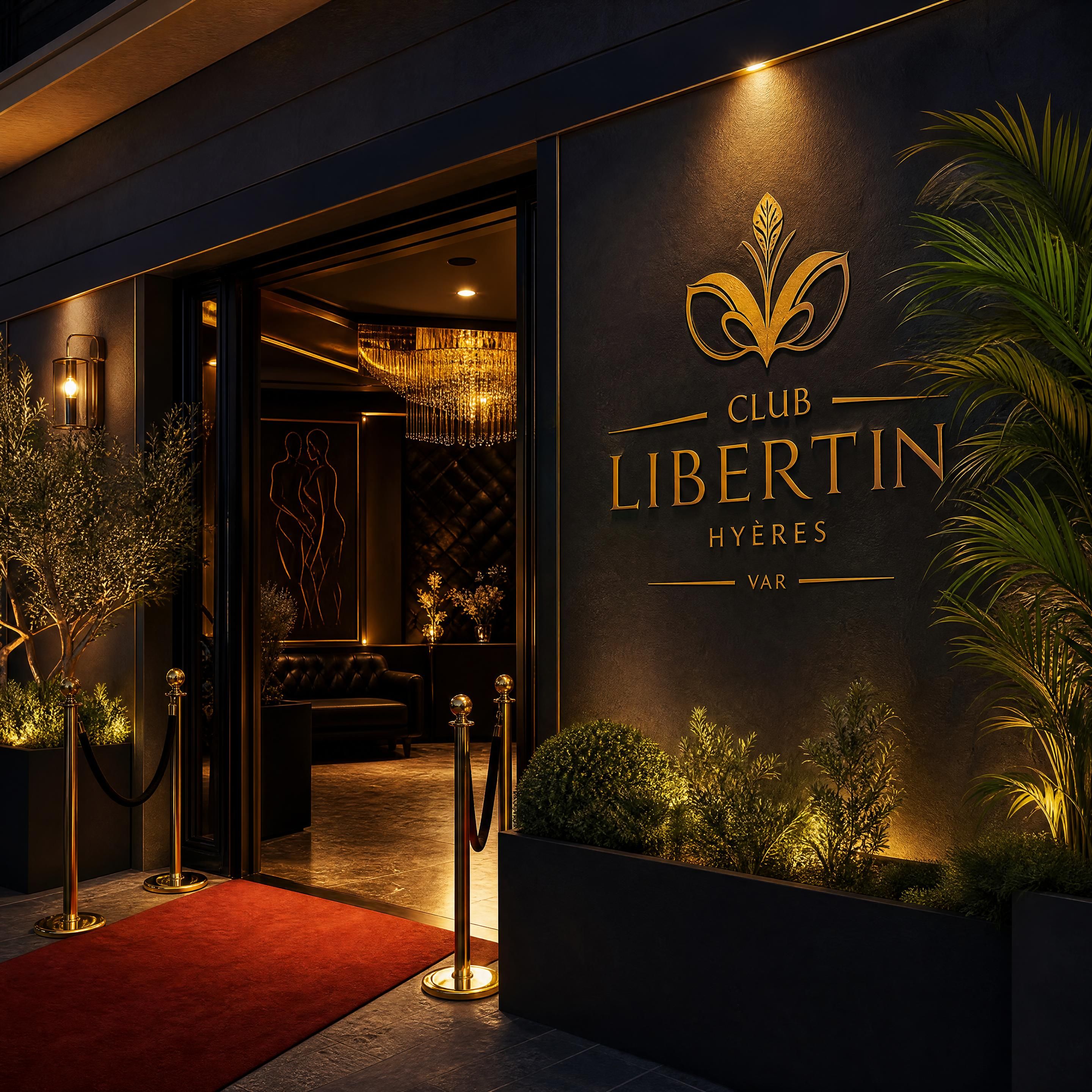 Entrée élégante d'un club libertin haut de gamme à Hyères dans le Var, ambiance tamisée et raffinée avec lumières dorées
