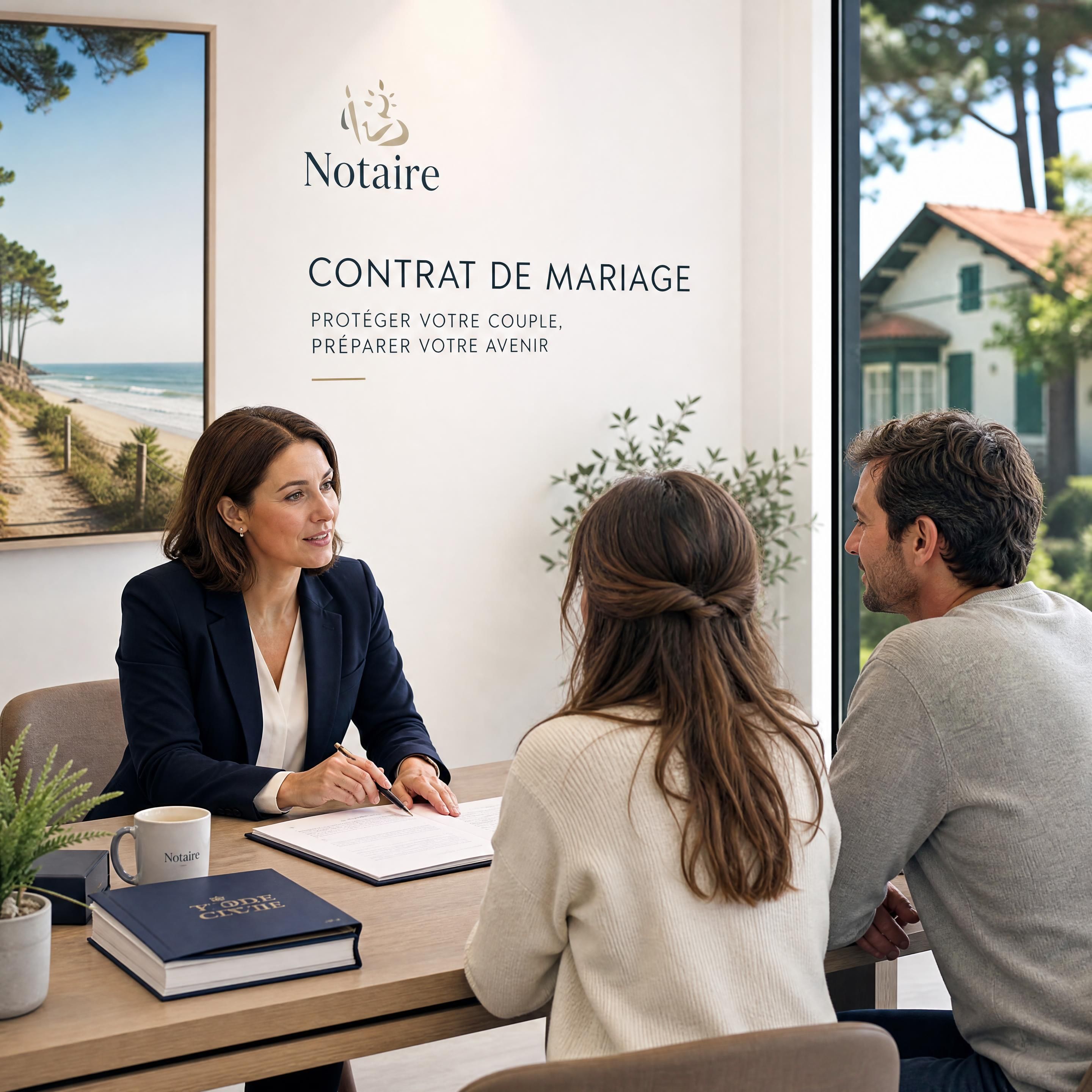 Notaire expliquant un contrat de mariage à un couple acheteur immobilier dans les Landes — Olivier Roussel, conseiller immobilier IAD France à Mimizan (Landes, 40)