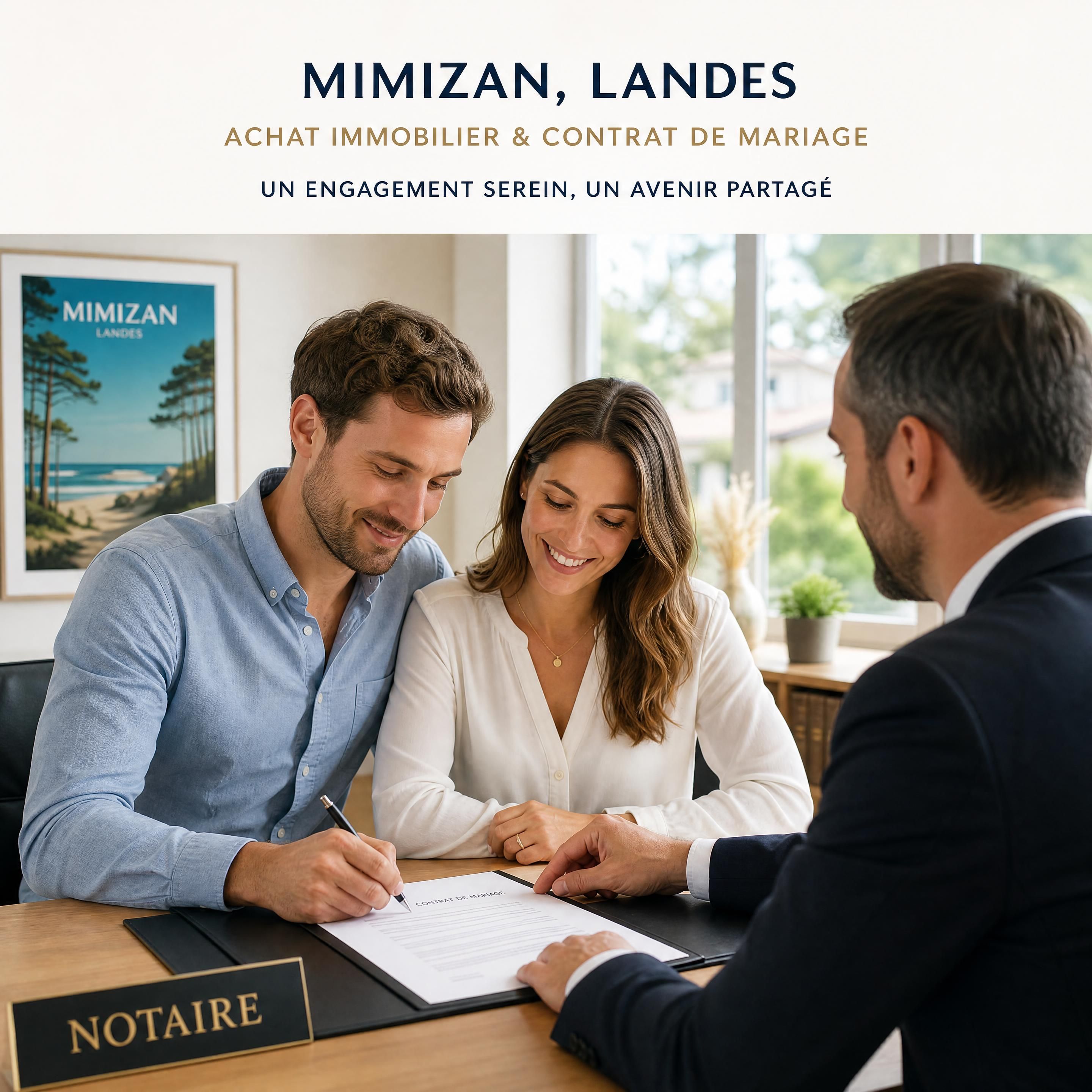 Couple signant un contrat de mariage devant un notaire pour un achat immobilier à Mimizan Landes — Olivier Roussel, conseiller immobilier IAD France à Mimizan (Landes, 40)