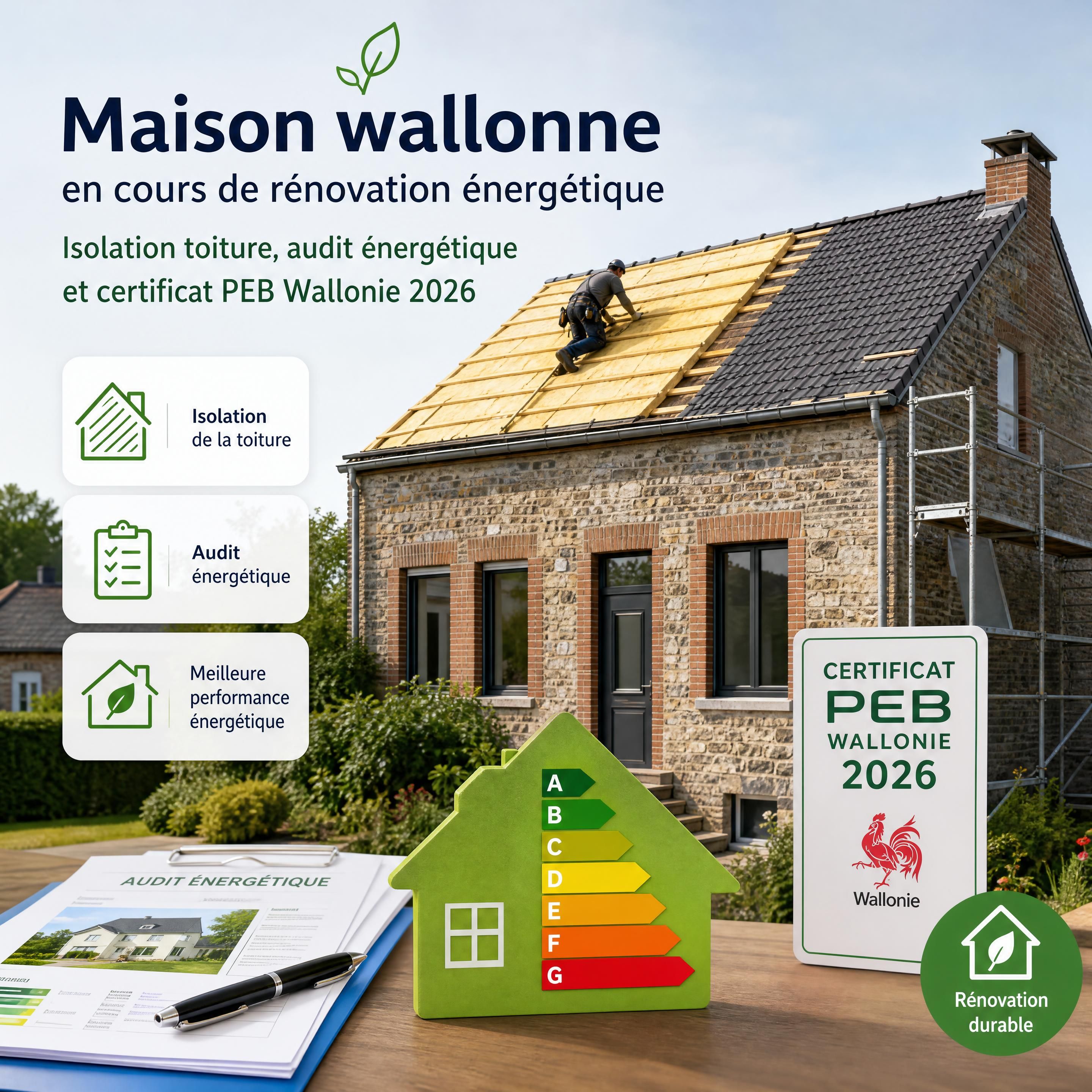 Maison wallonne en cours de rénovation énergétique — isolation toiture, audit énergétique et certificat PEB Wallonie 2026