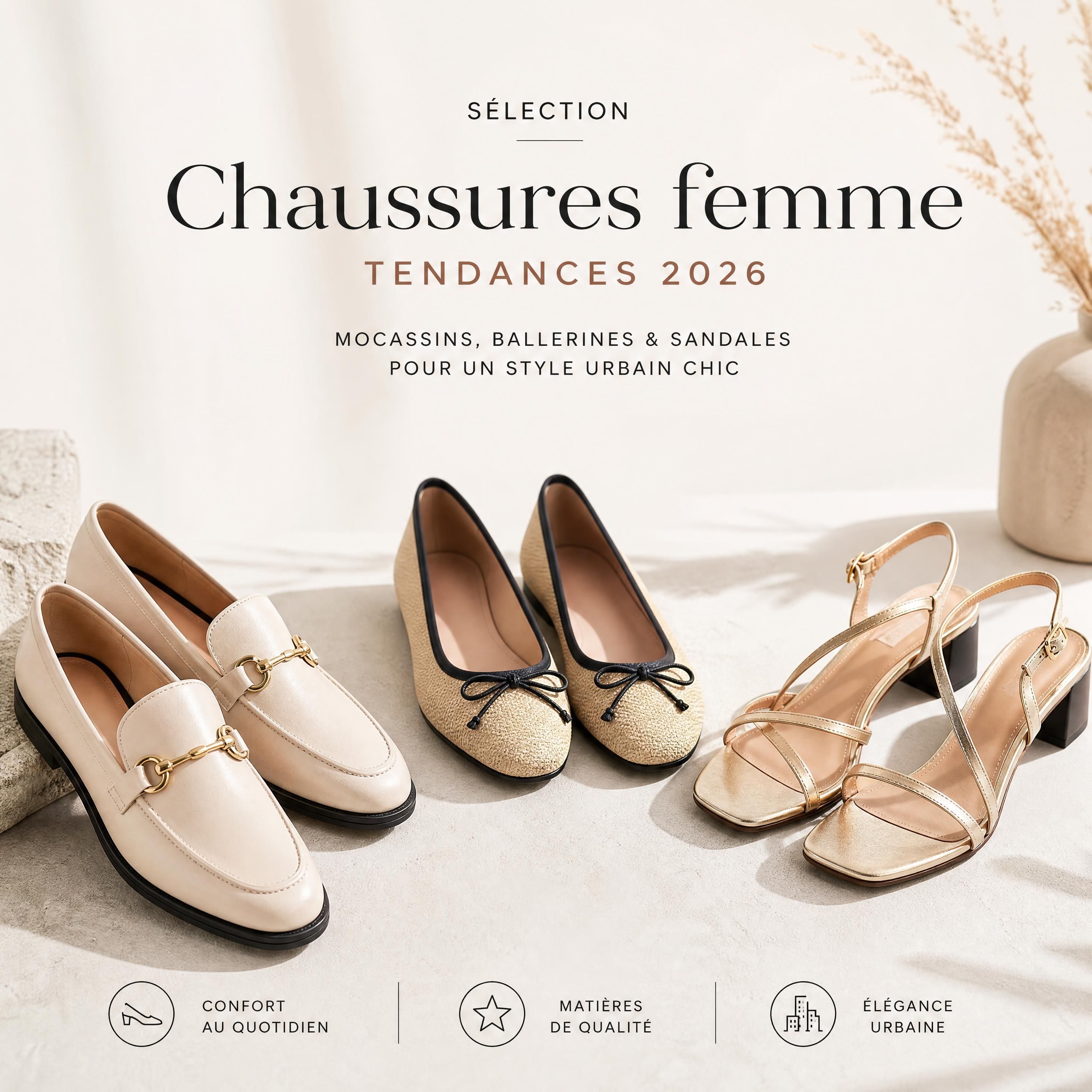 Sélection de chaussures femme tendance 2026 — mocassins, ballerines et sandales élégantes posées sur fond neutre, style urbain chic