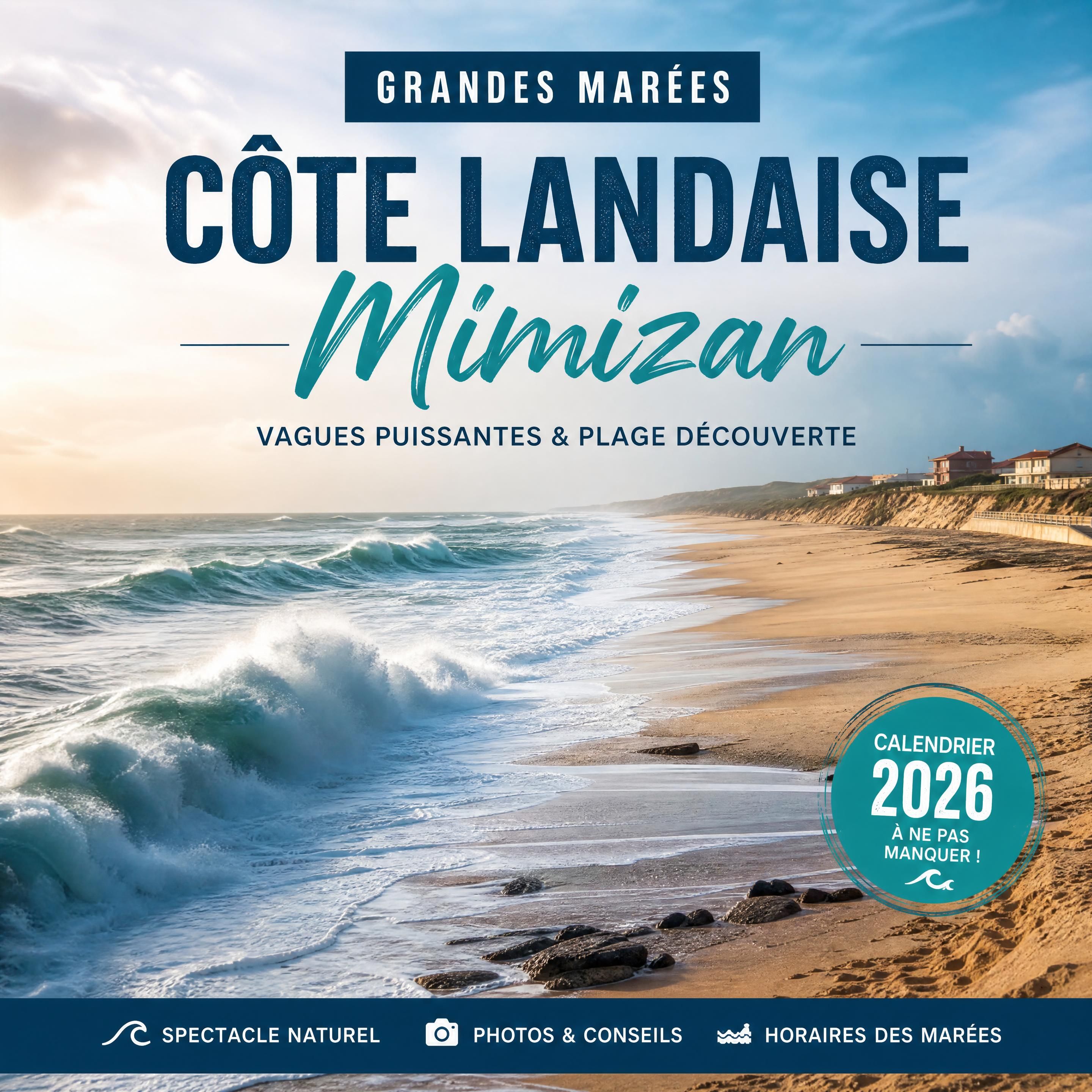 Grande marée sur la côte landaise à Mimizan avec vagues puissantes et plage découverte — grandes marées côte landaise Mimizan 2026 — Olivier Roussel, conseiller immobilier IAD France à Mimizan (Landes, 40)