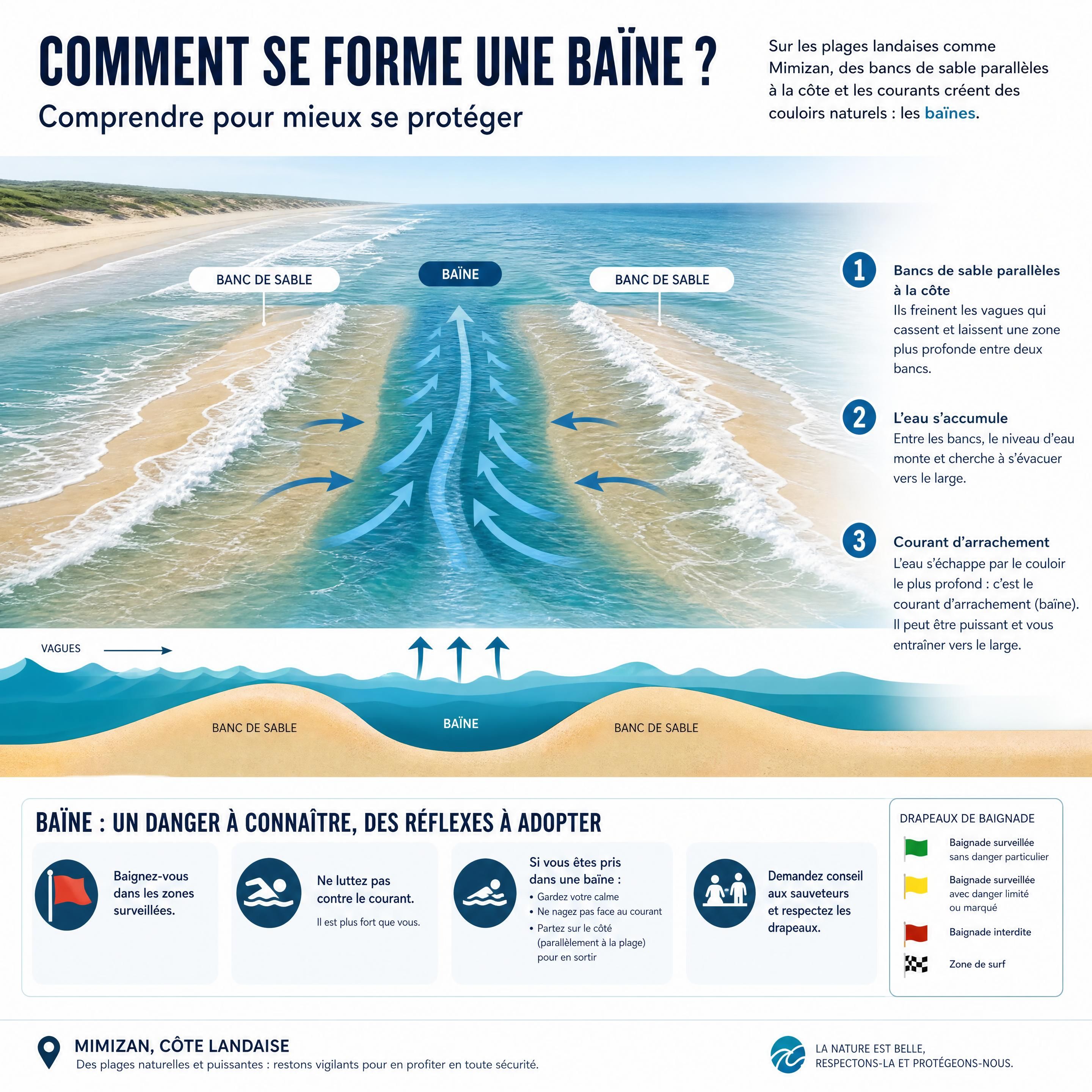 Schéma pédagogique illustrant le mécanisme de formation d'une baïne sur une plage landaise avec bancs de sable et courants d'arrachement — baïnes Mimizan danger sécurité — Olivier Roussel, conseiller immobilier IAD France à Mimizan (Landes, 40)